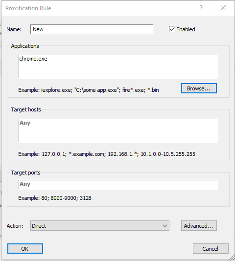 Proxifier rule Action options: Proxy, Direct, or Block traffic