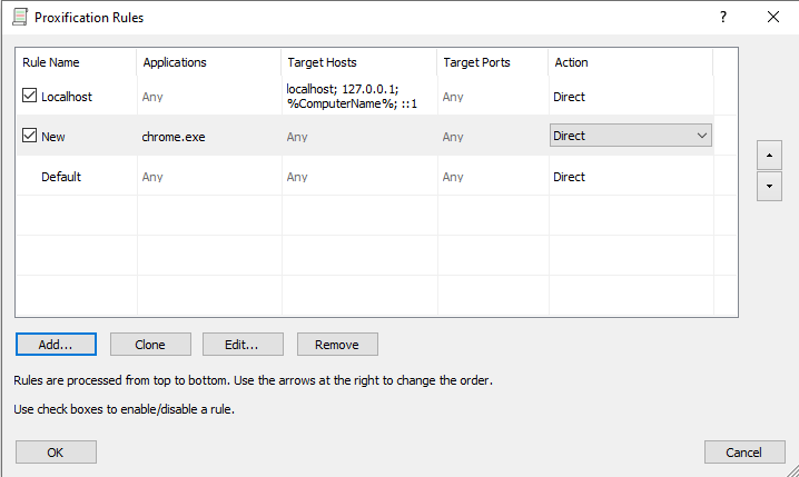 Proxifier rules list with the new Bright Data rule moved to the top