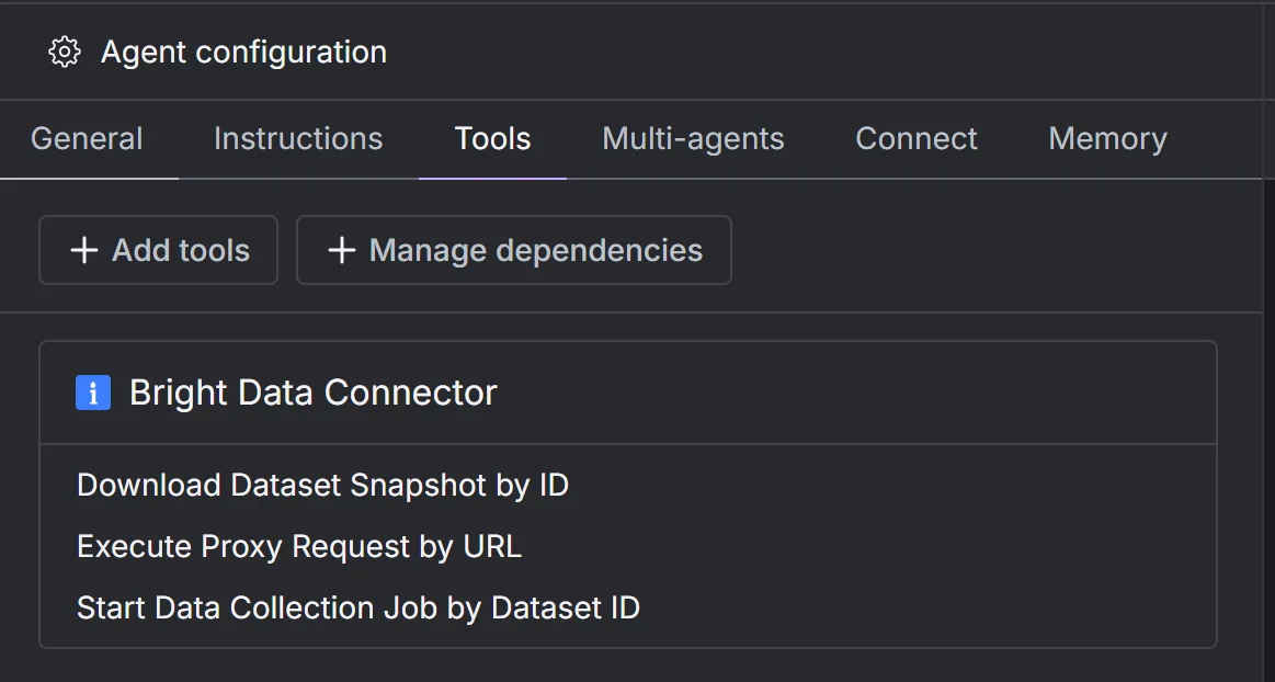 Note the configured Bright Data tools