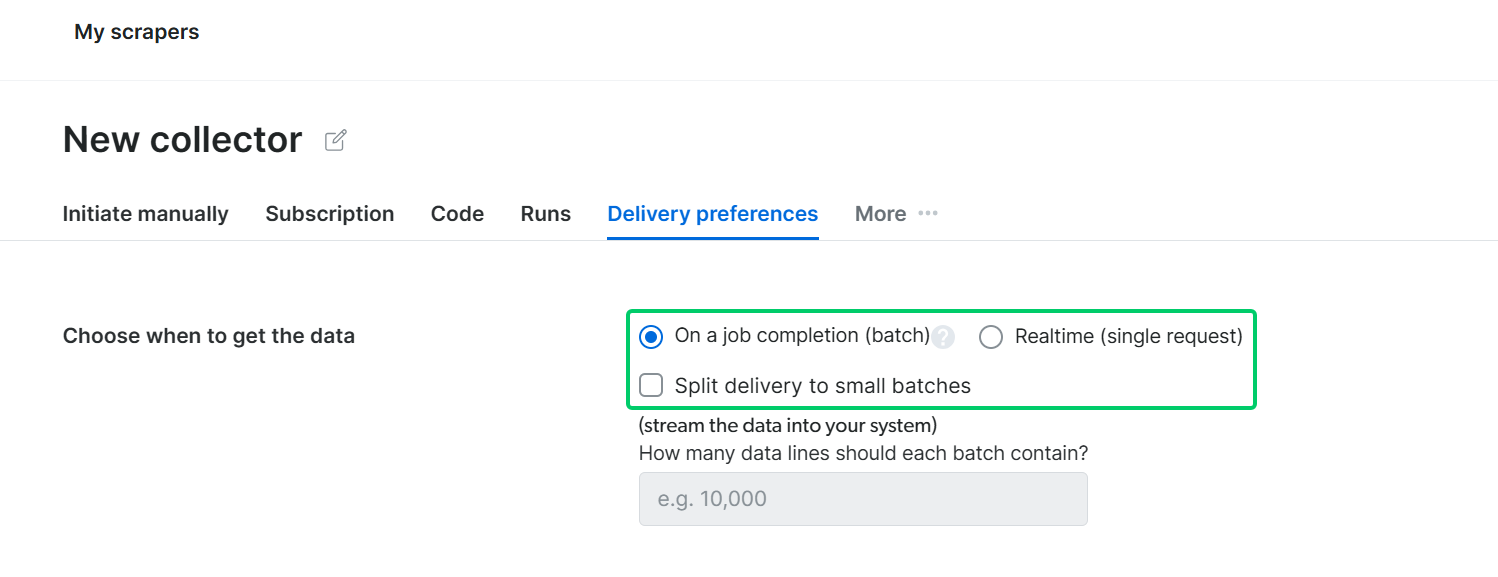 Delivery preferences tab in the Scraper Studio control panel, showing the "Choose when to get the data" options: "On a job completion (batch)" selected, "Realtime (single request)" and "Split delivery to small batches"