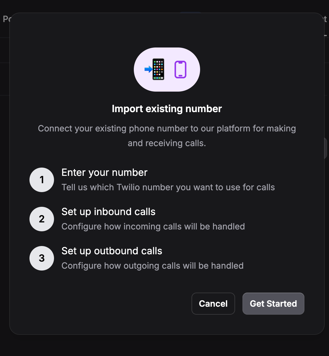 Brilo Import existing number modal with three-step explainer