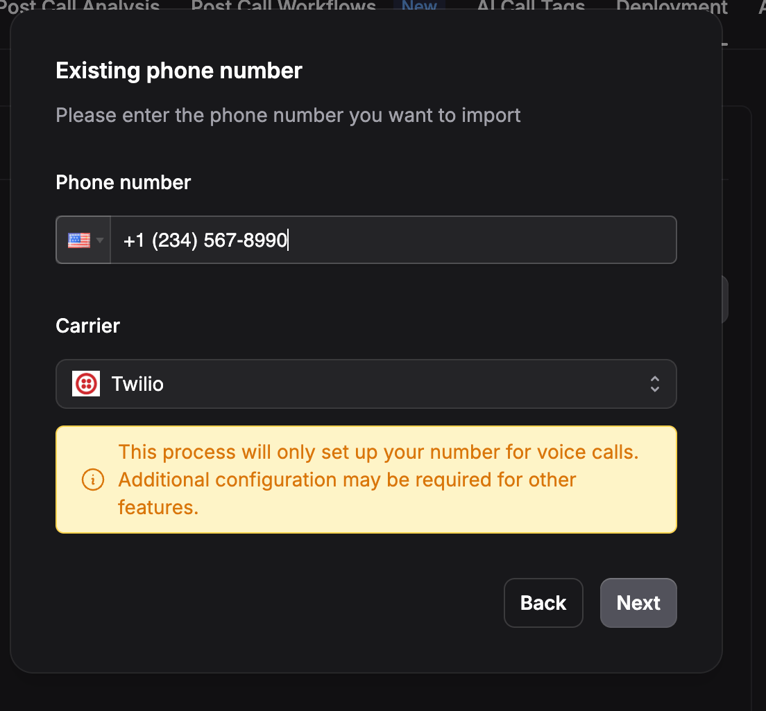 Brilo wizard step 1 — enter phone number and select Twilio as carrier