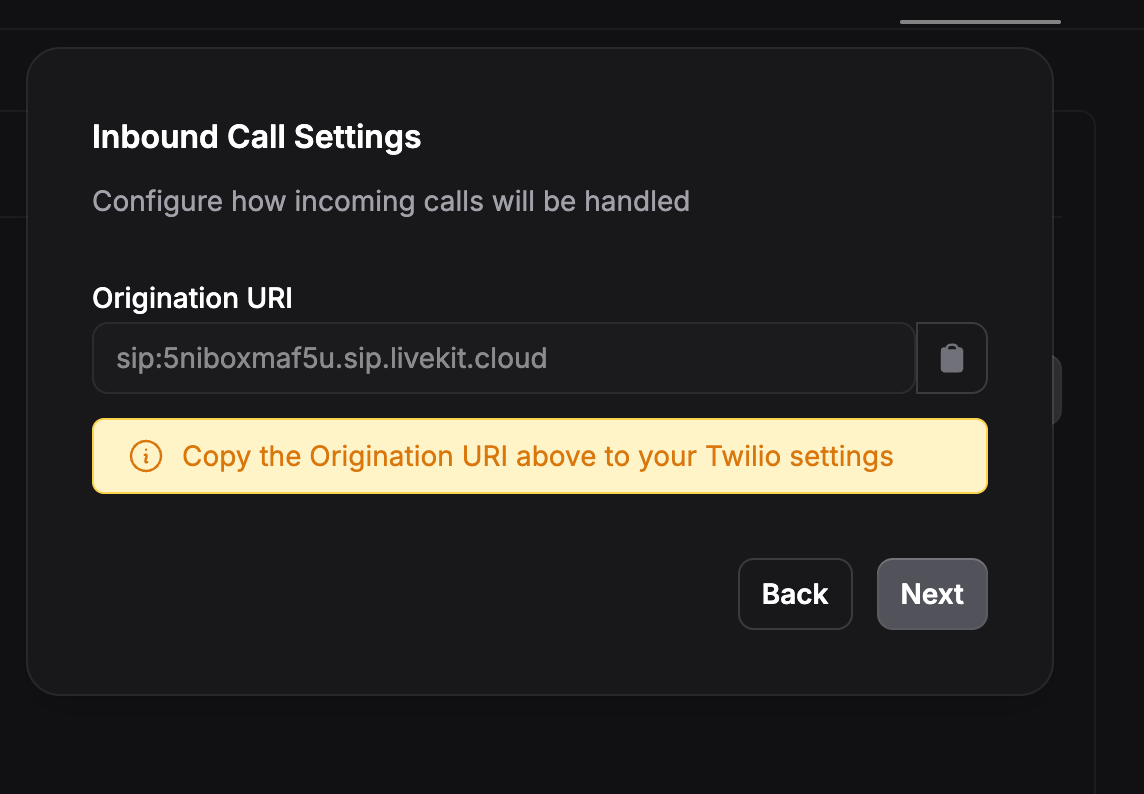 Brilo wizard step 2 showing Origination URI to copy