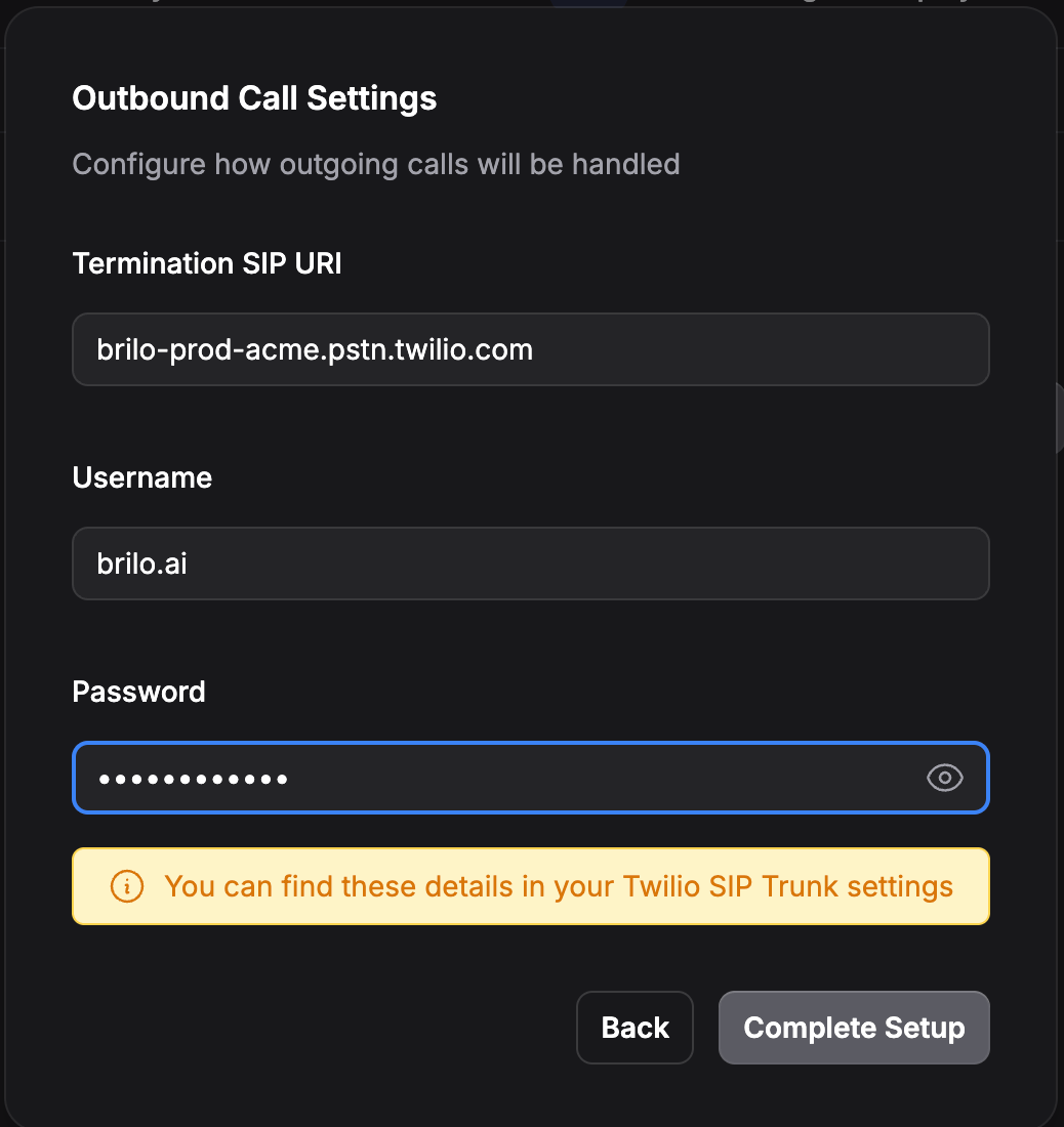 Brilo wizard step 3 — Outbound credentials filled in