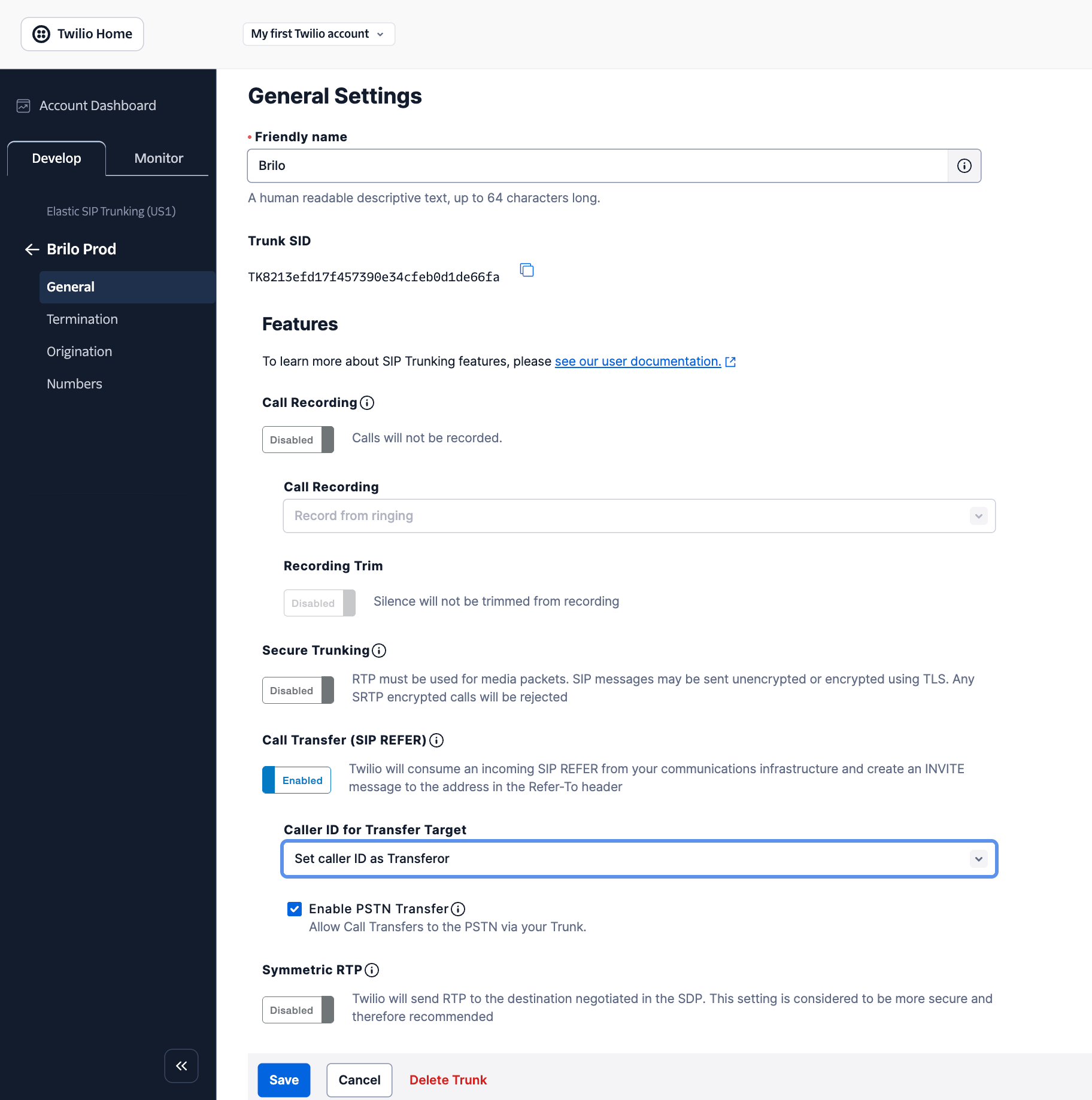 Twilio trunk General tab with Call Transfer, PSTN Transfer, and Transferor caller ID configured