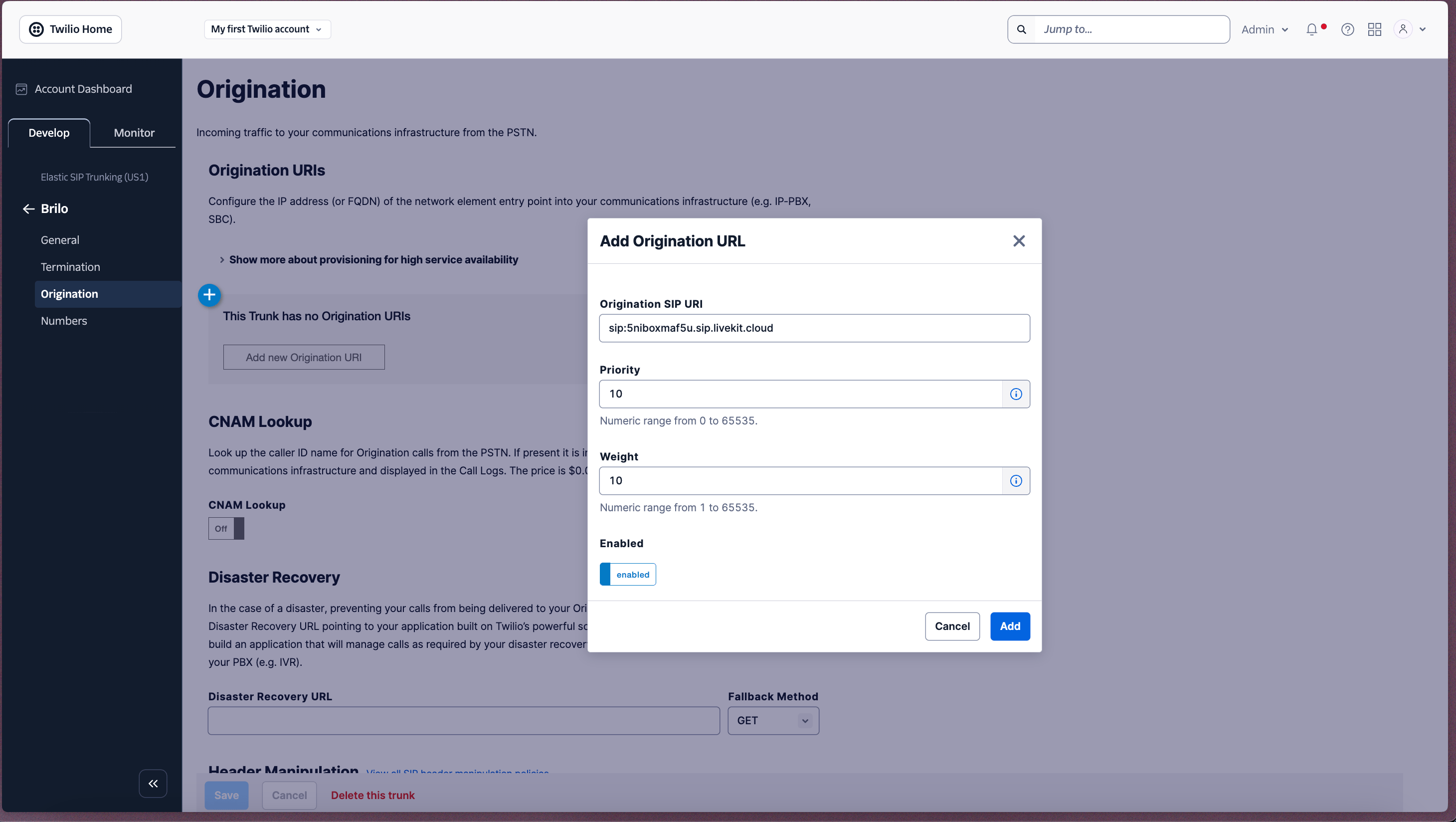 Twilio Origination URI configured with the value copied from Brilo