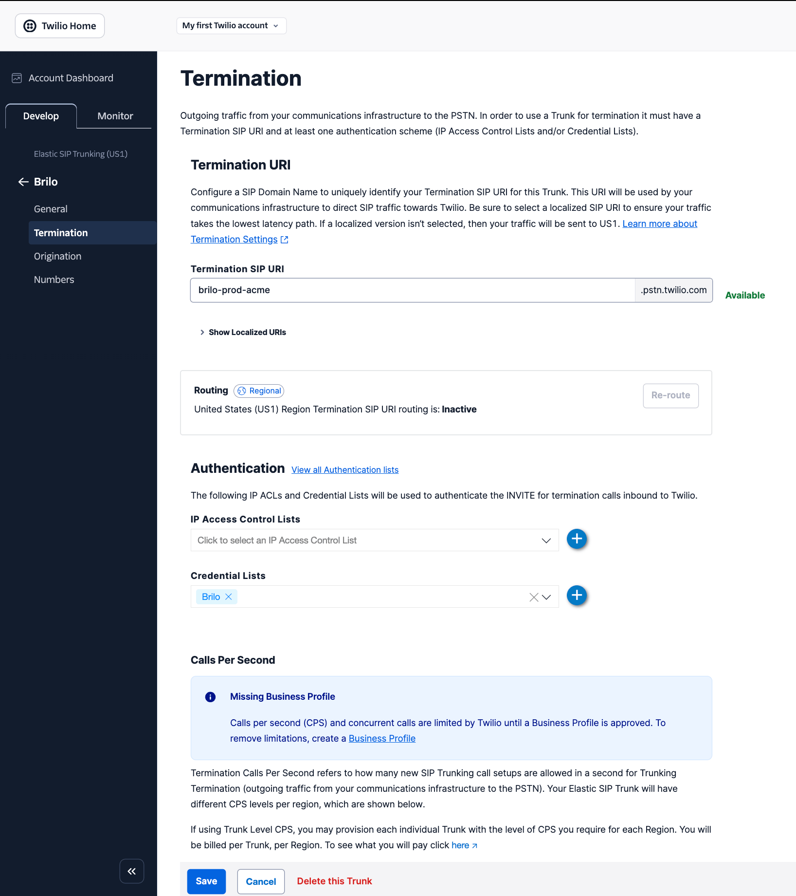 Twilio Termination SIP URI and Credential List configured