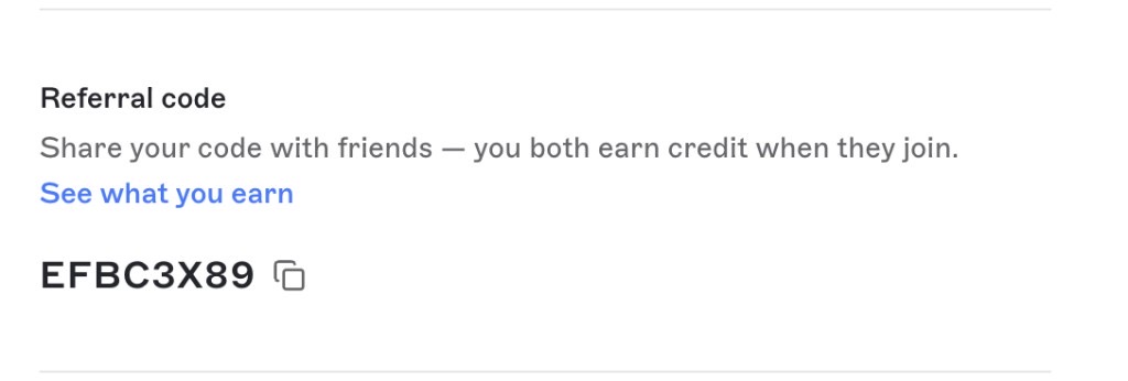 Profile drawer Referral code section showing the code EFBC3X89 with a copy icon and a See what you earn link