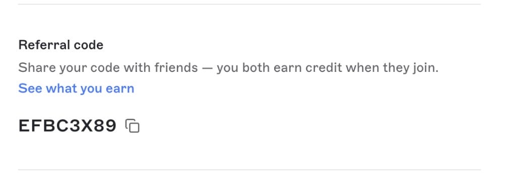 Profile drawer Referral code section showing the code EFBC3X89 with a copy icon and a See what you earn link