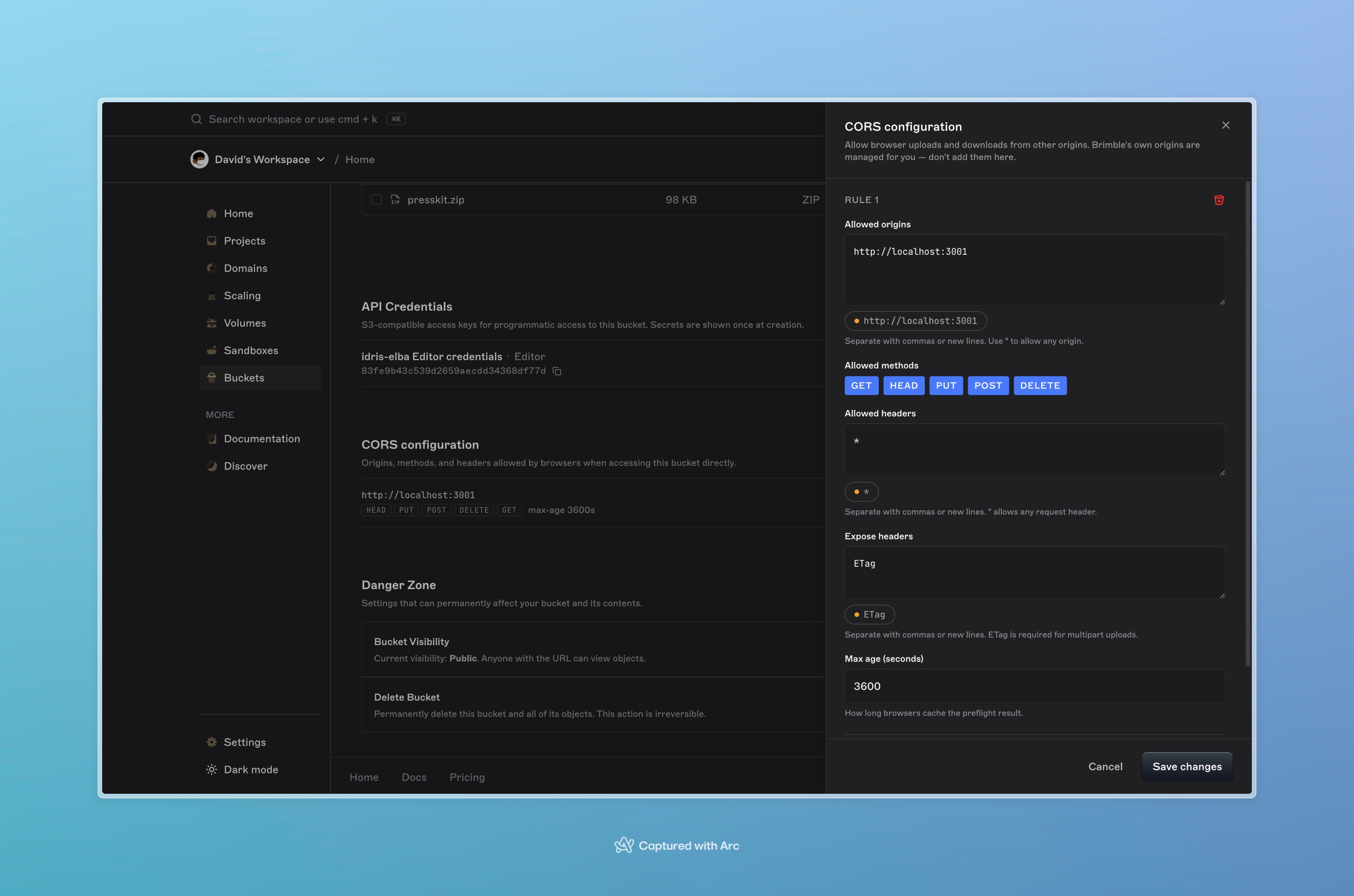 CORS configuration panel with allowed origins, allowed methods checkboxes, allowed headers, expose headers, and max-age seconds inputs