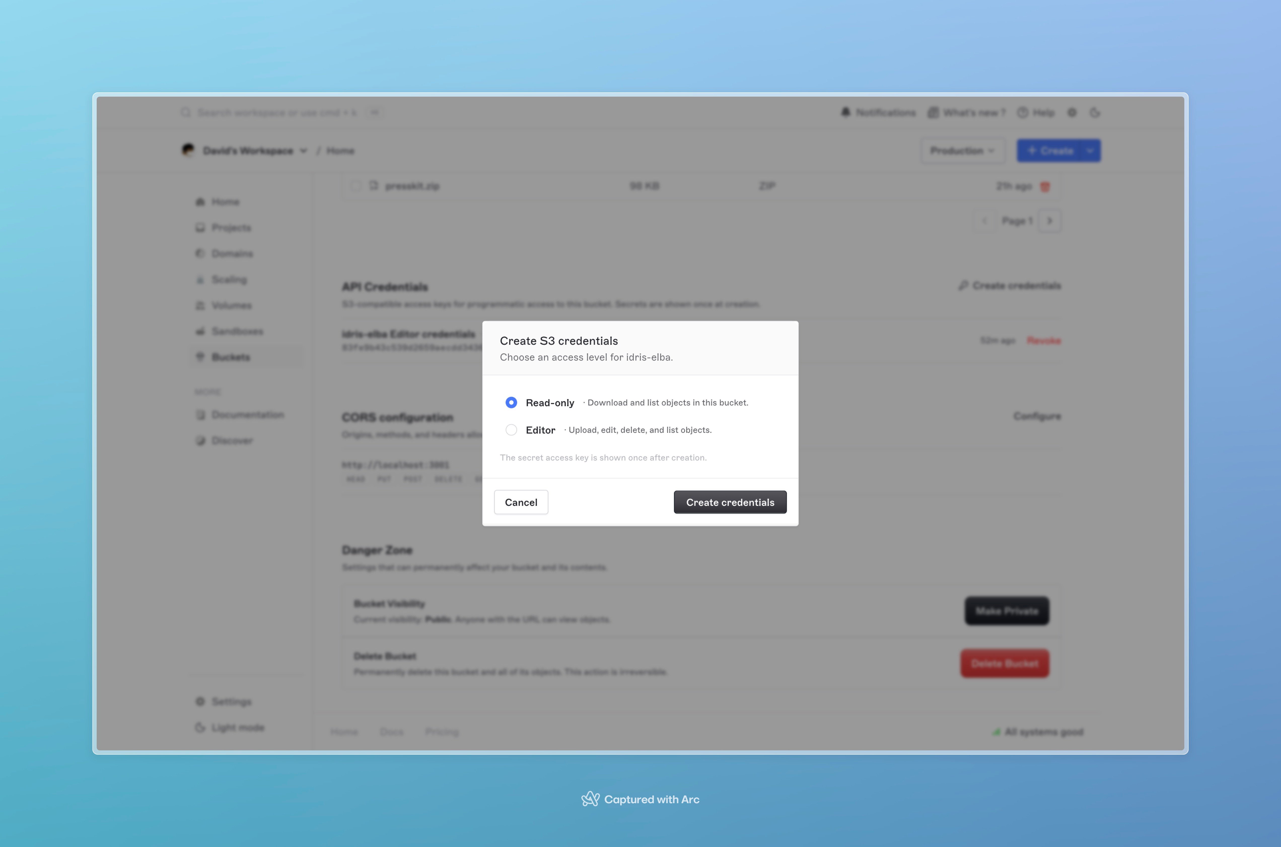 New credential dialog with the role selector for ReadOnly or Editor, the issued access key id, and the one-time secret access key with a copy button