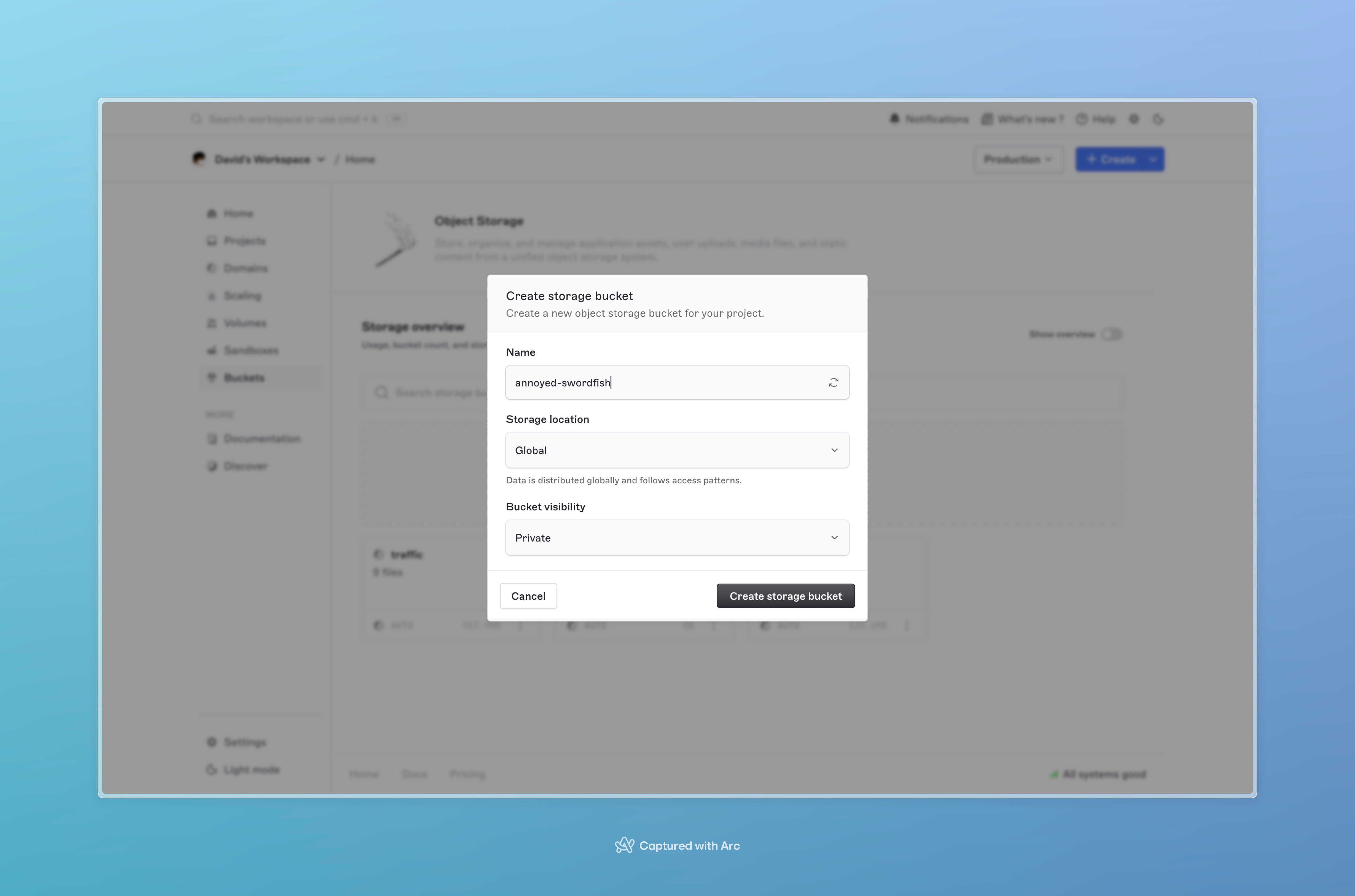New bucket dialog showing the name input, region selector, and the Create button