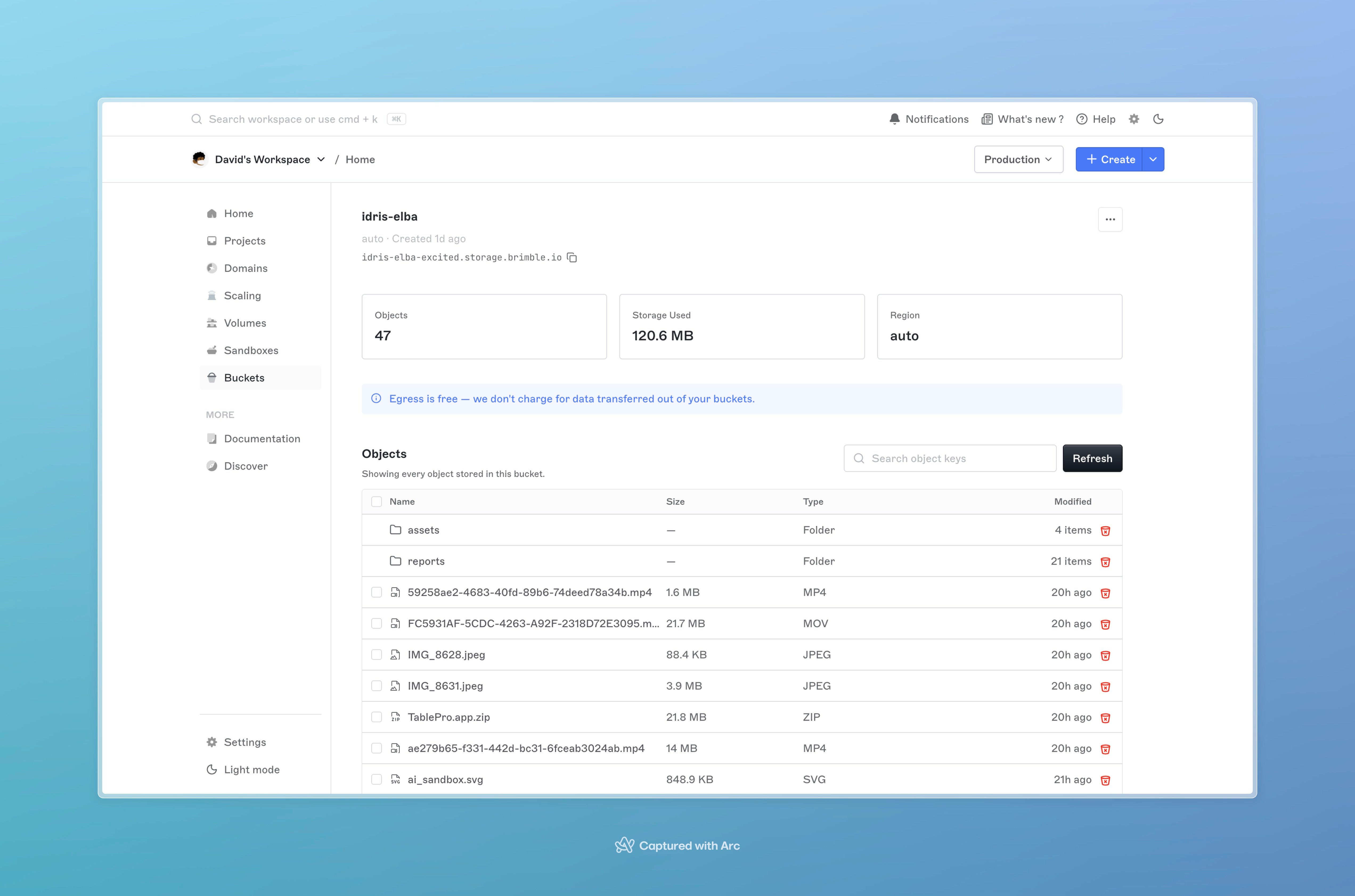 Bucket detail page with endpoint URL, region, object count, total size, and tabs for Objects, Credentials, CORS, Migrations, and Settings