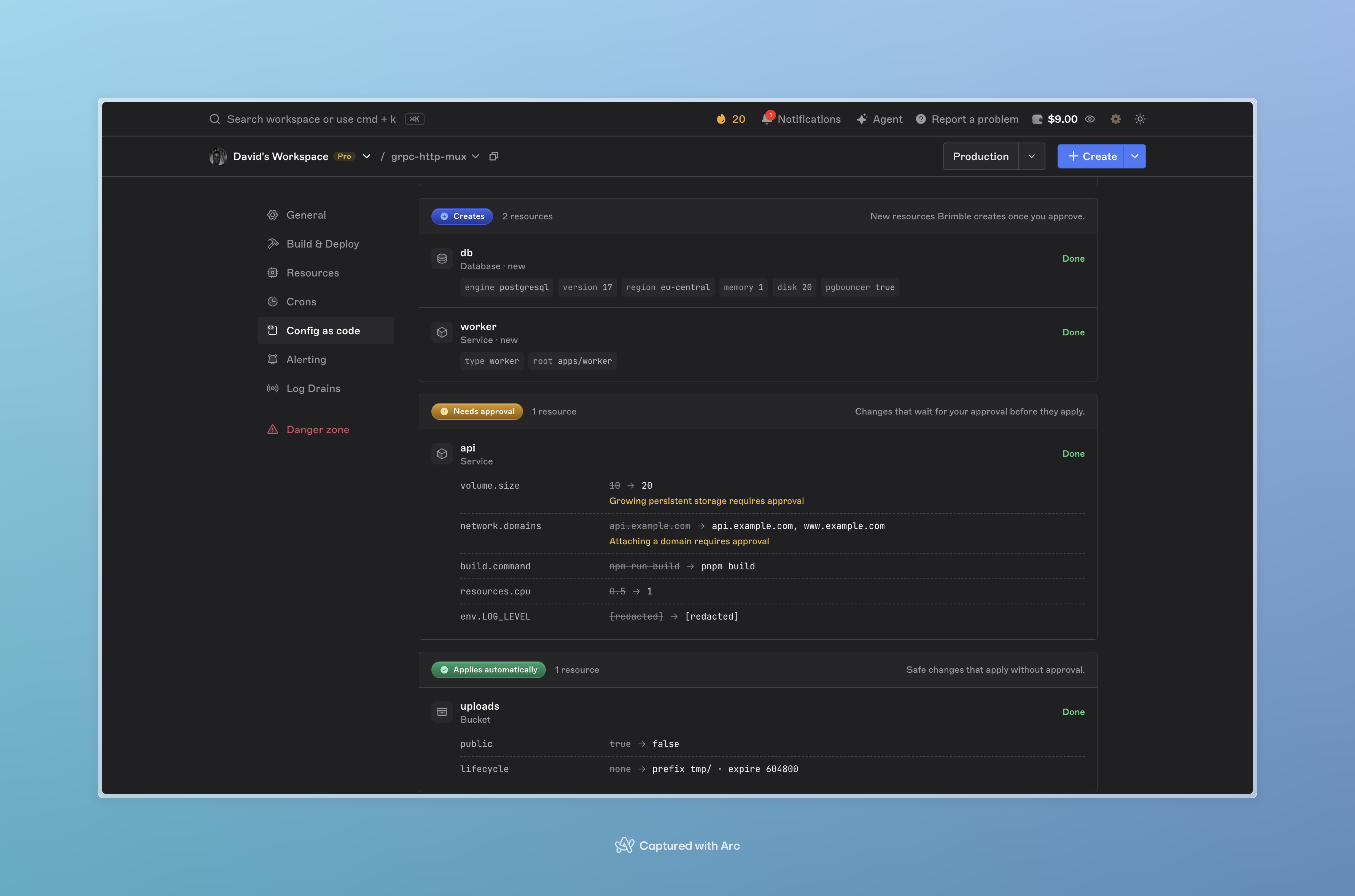 Config as code plan with Creates, Needs approval, and Applies automatically groups, showing new database and service settings and field changes with old values struck through