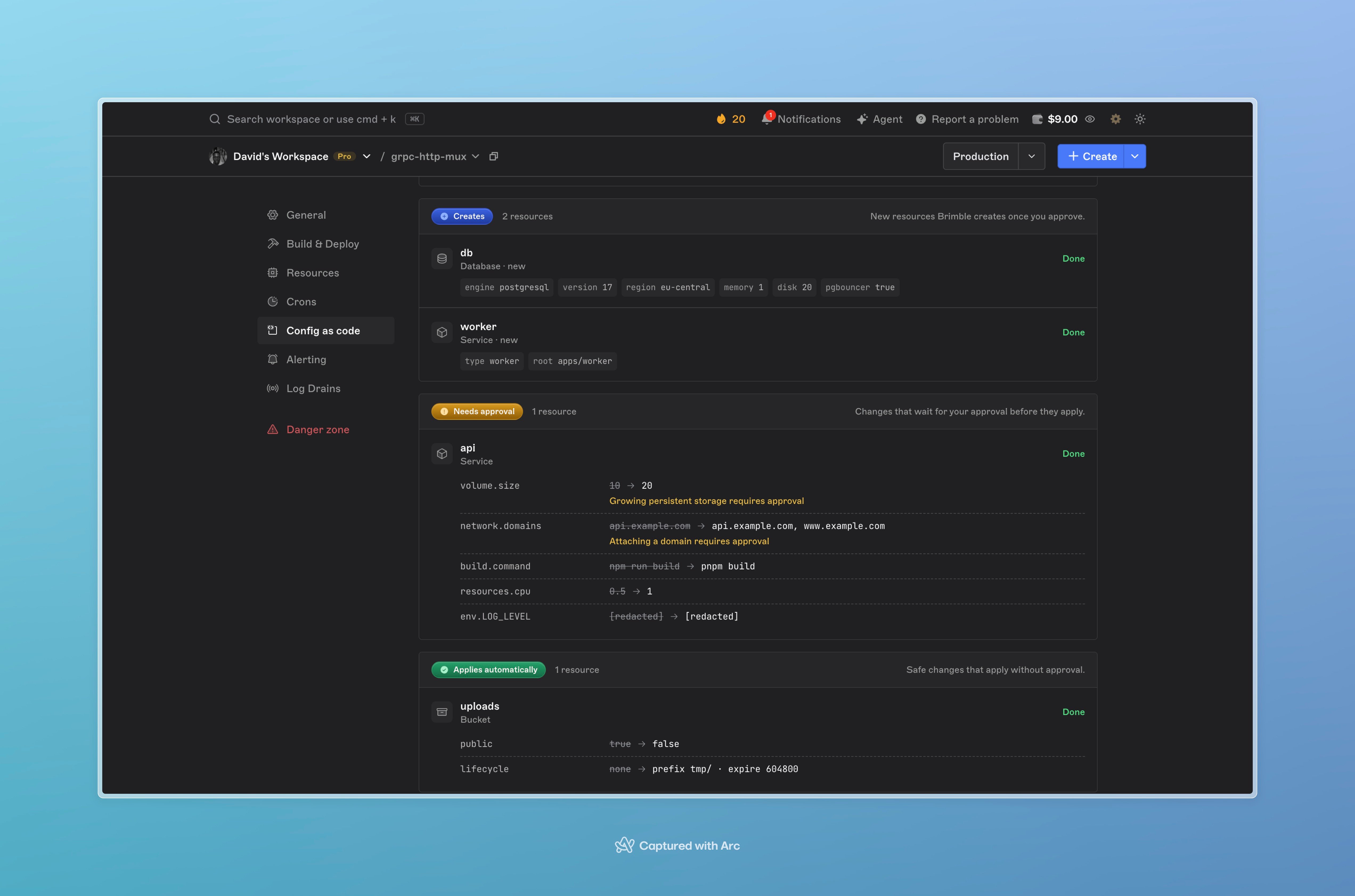 Config as code plan with Creates, Needs approval, and Applies automatically groups, showing new database and service settings and field changes with old values struck through