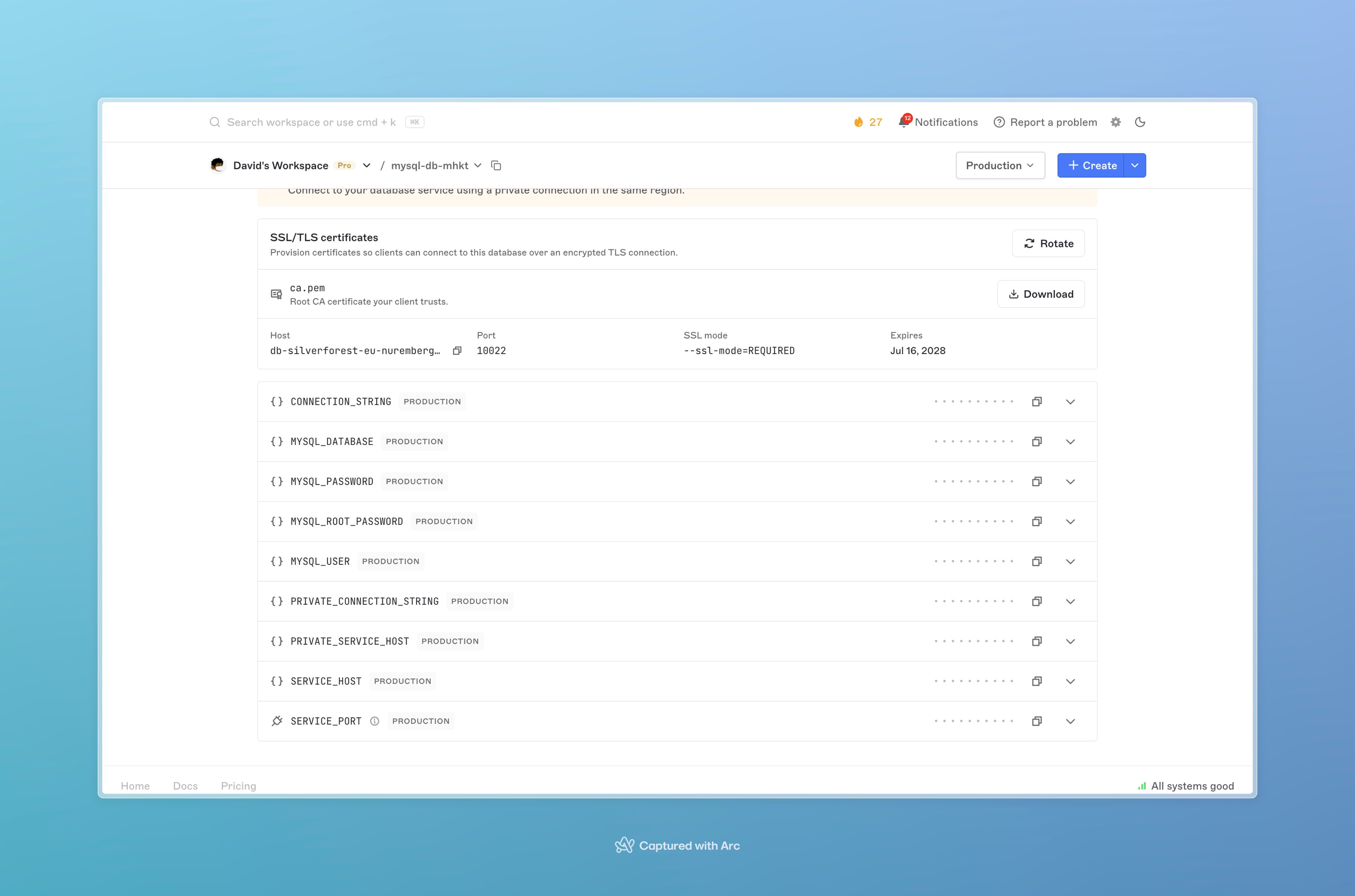 Database project secrets list with connection details