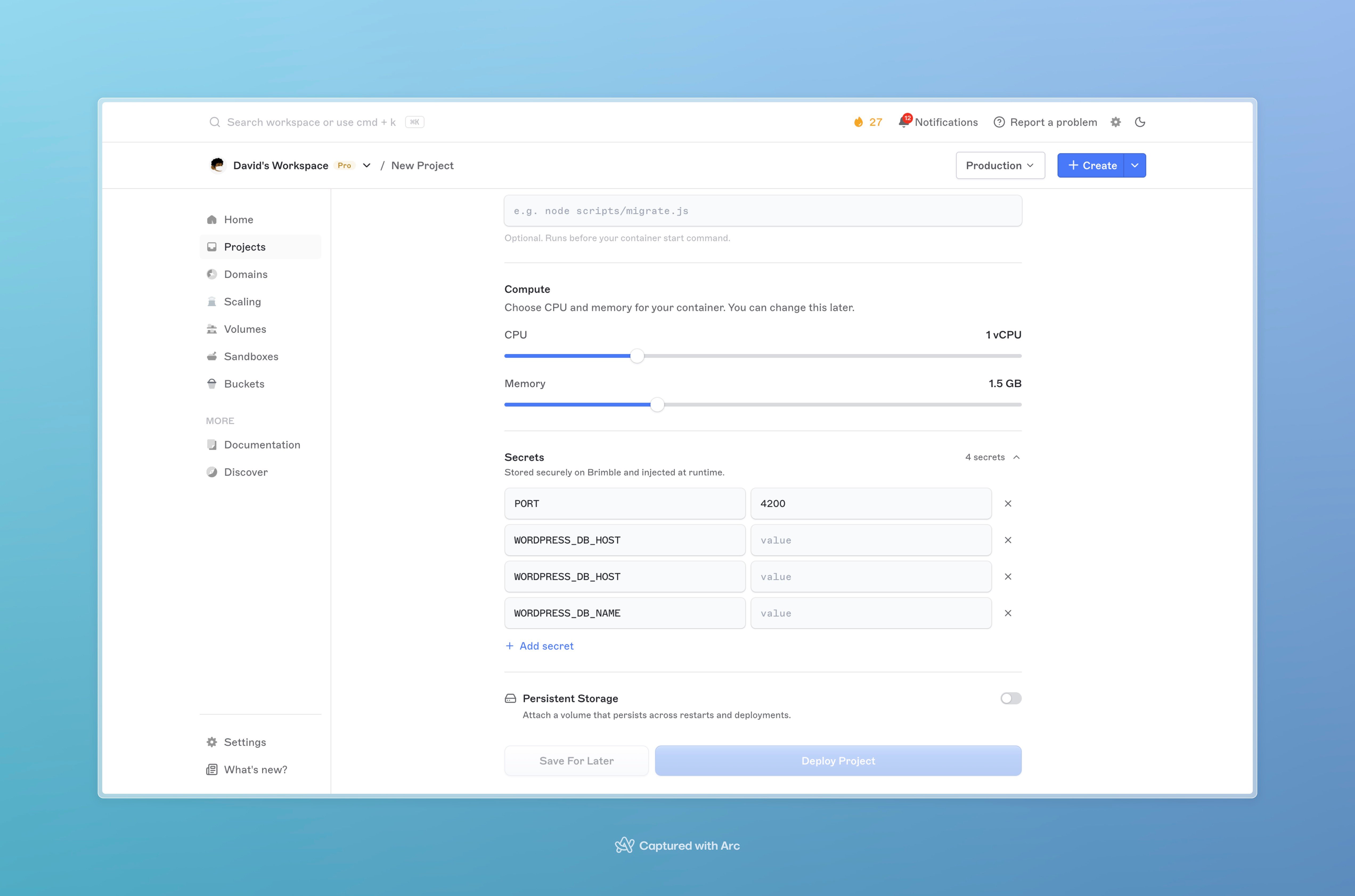 New project secrets section with PORT and WordPress database variables