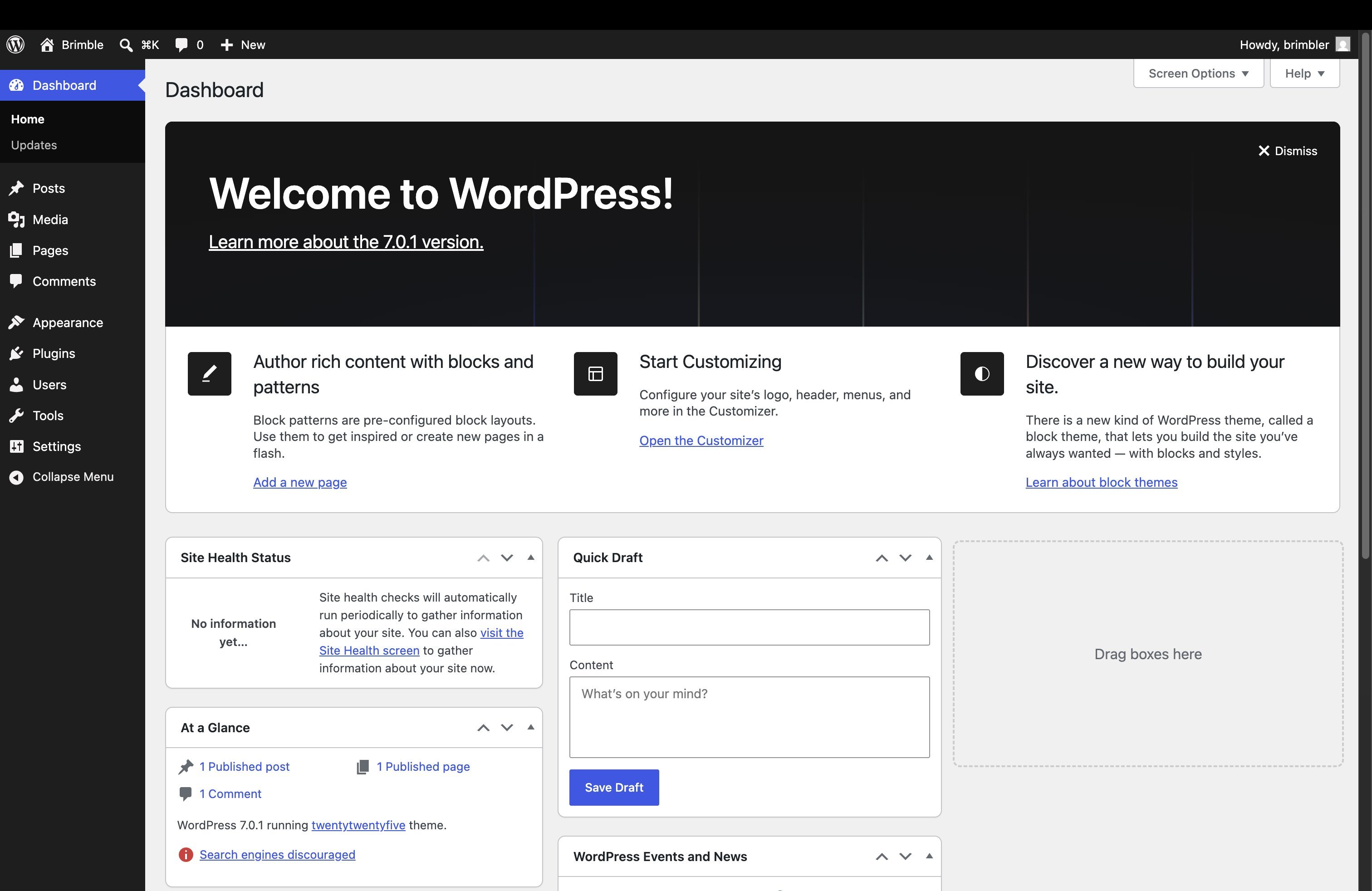 WordPress dashboard welcome screen