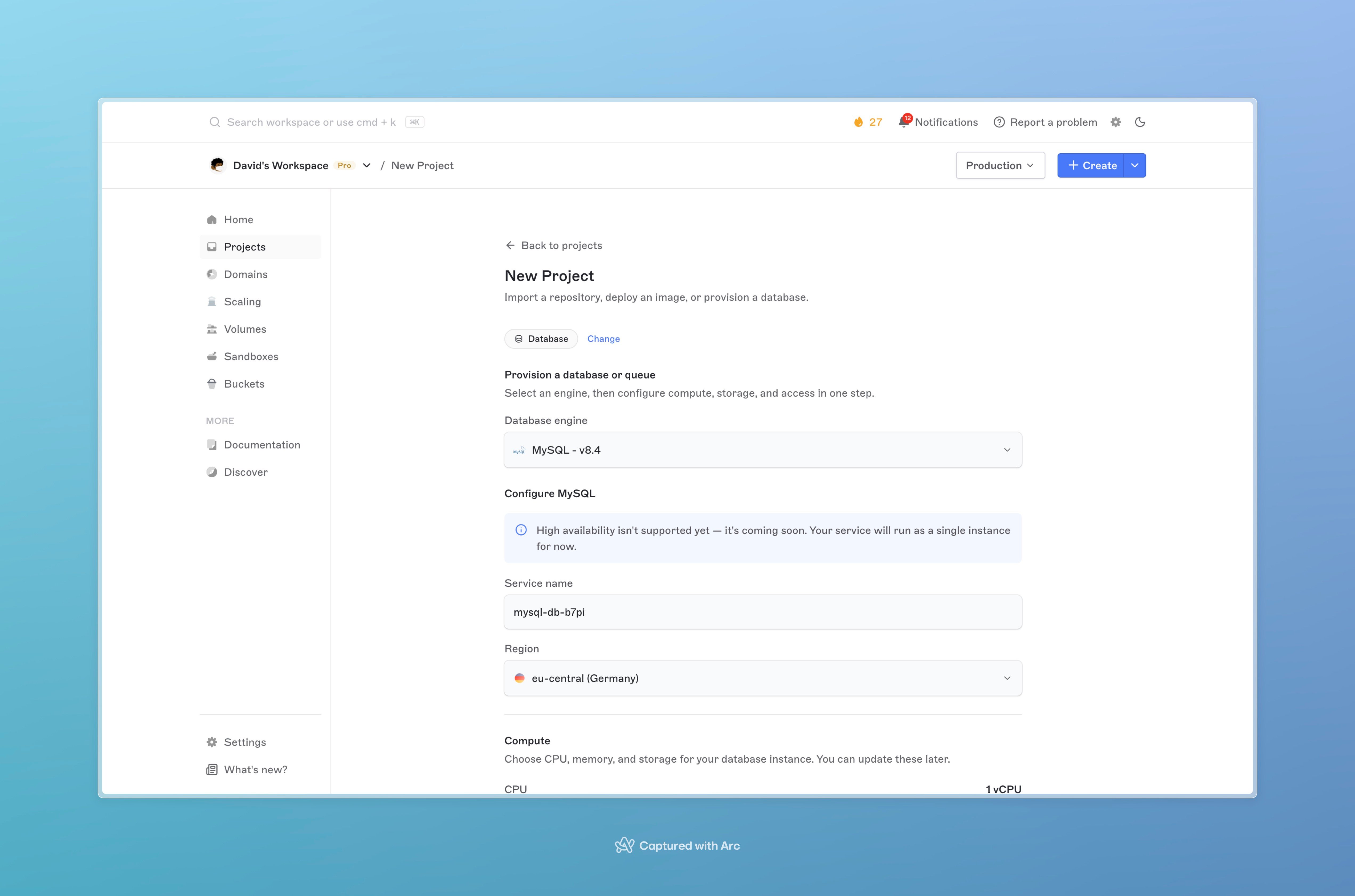 New project screen with Database and MySQL selected
