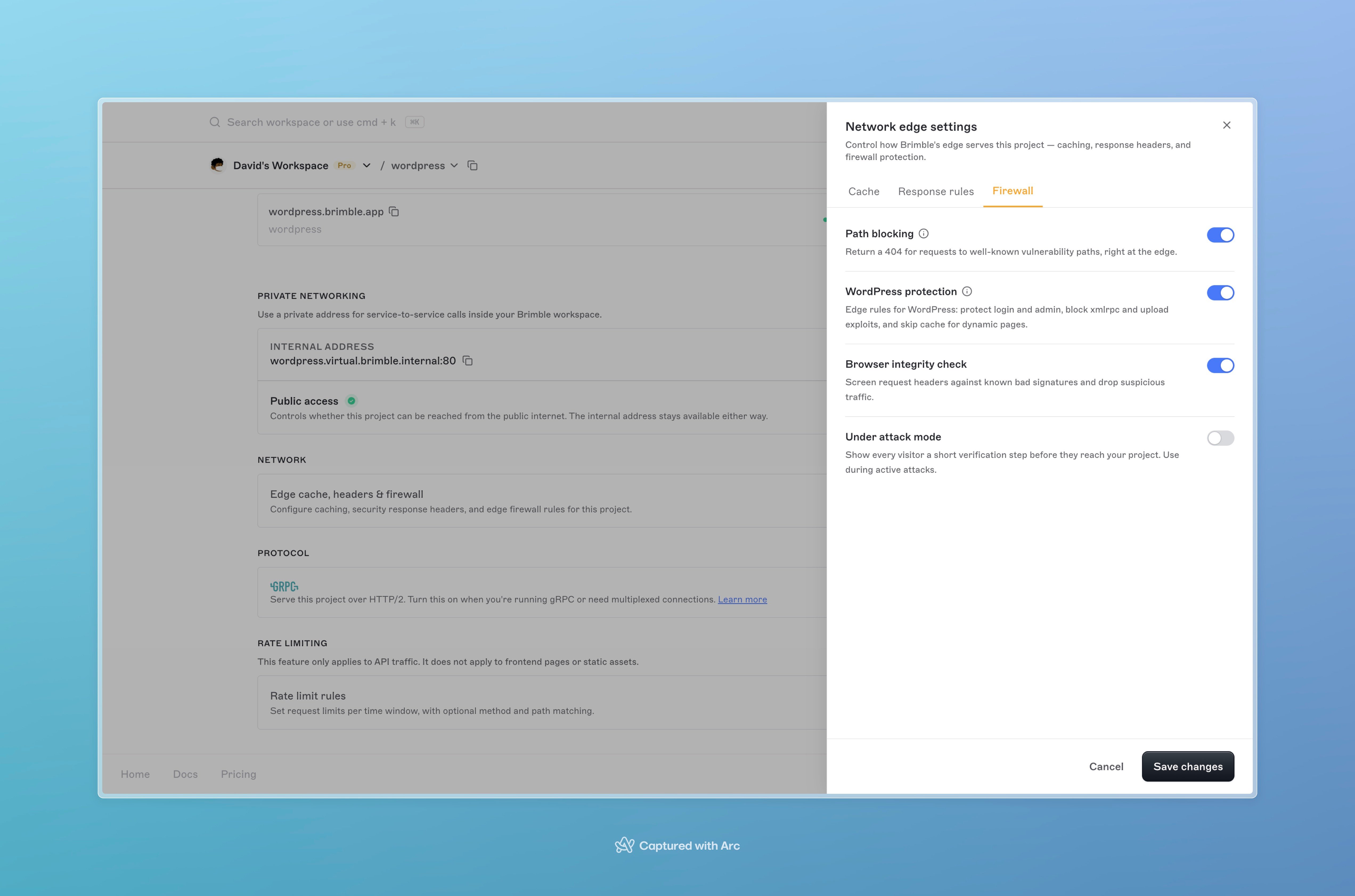 Network edge settings Firewall tab with WordPress protection enabled