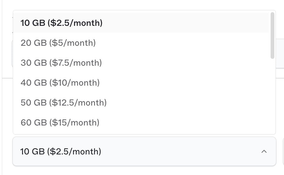 Volume size dropdown with monthly prices