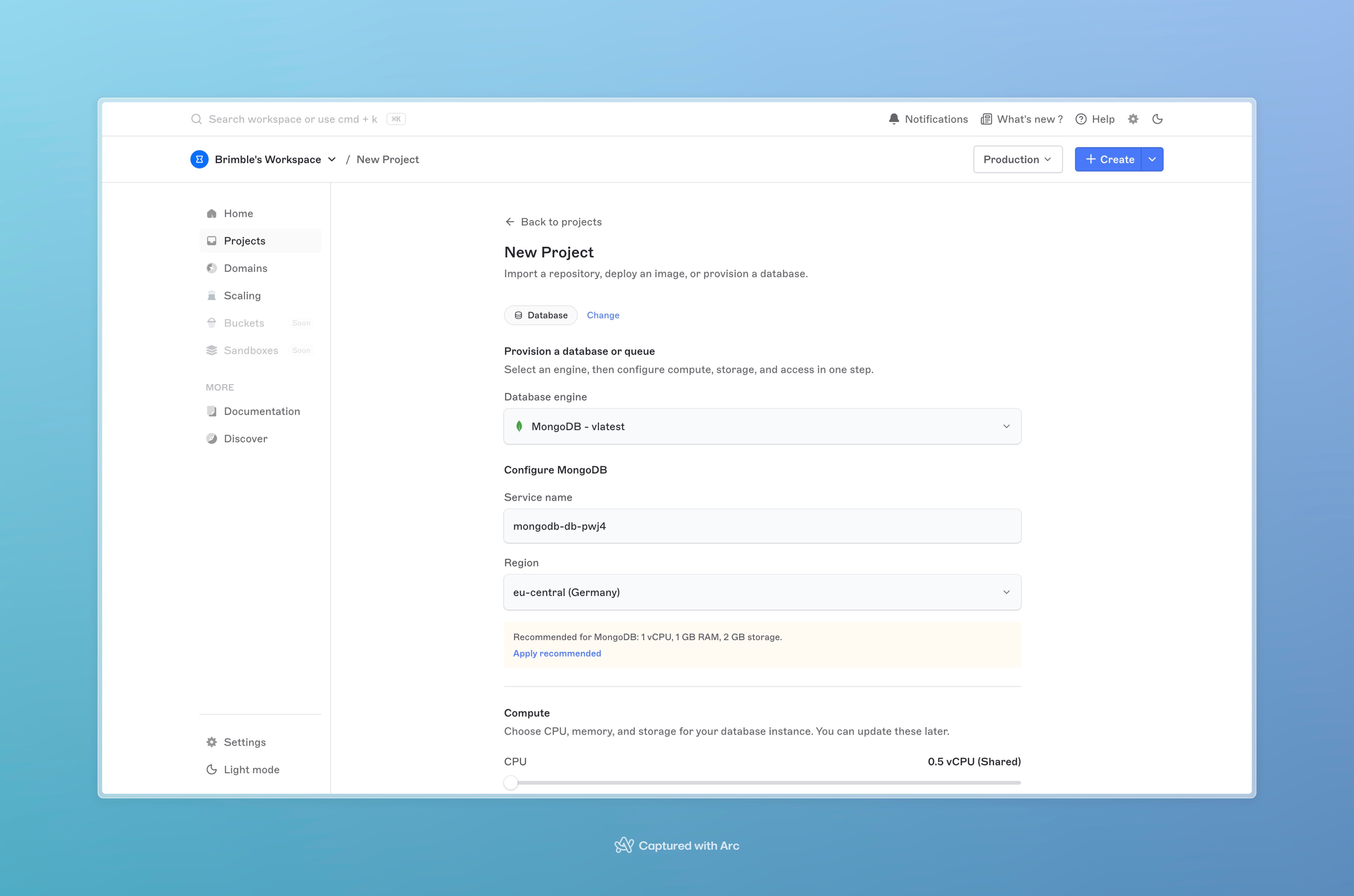 Top of the database provisioning dialog with engine and version selected