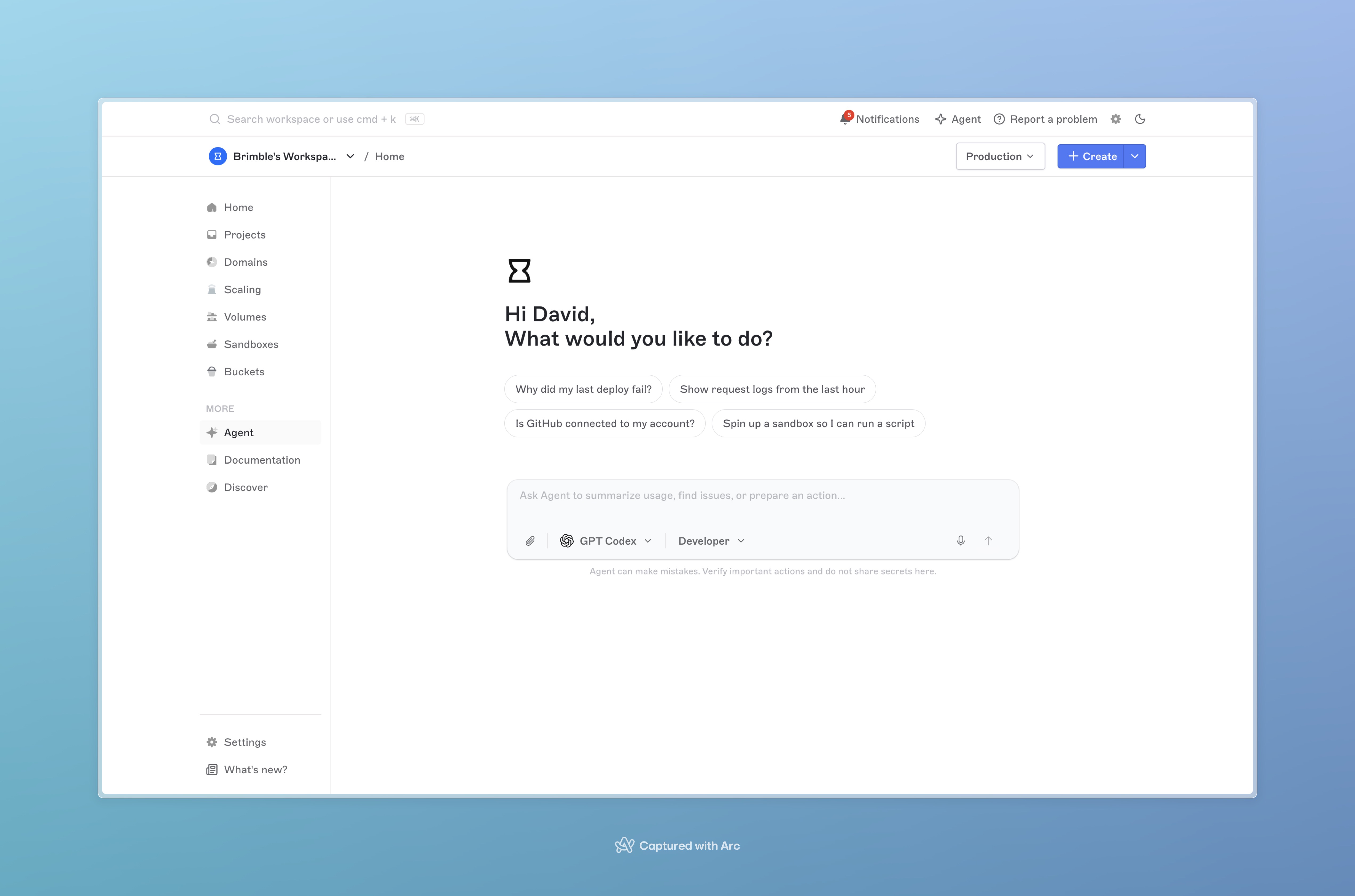 Agent page with sidebar Agent selected, welcome prompts, and composer