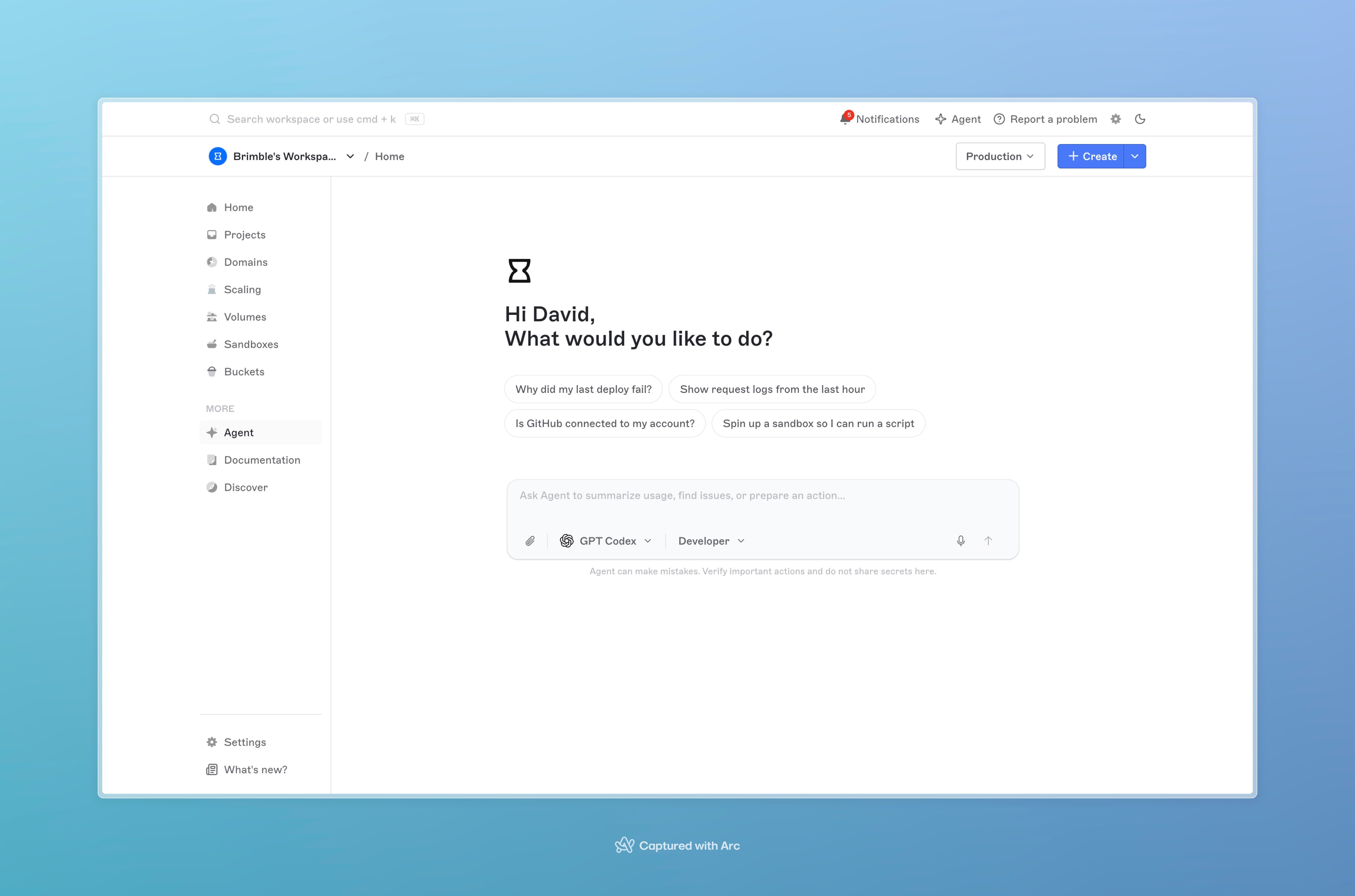 Agent page with sidebar Agent selected, welcome prompts, and composer