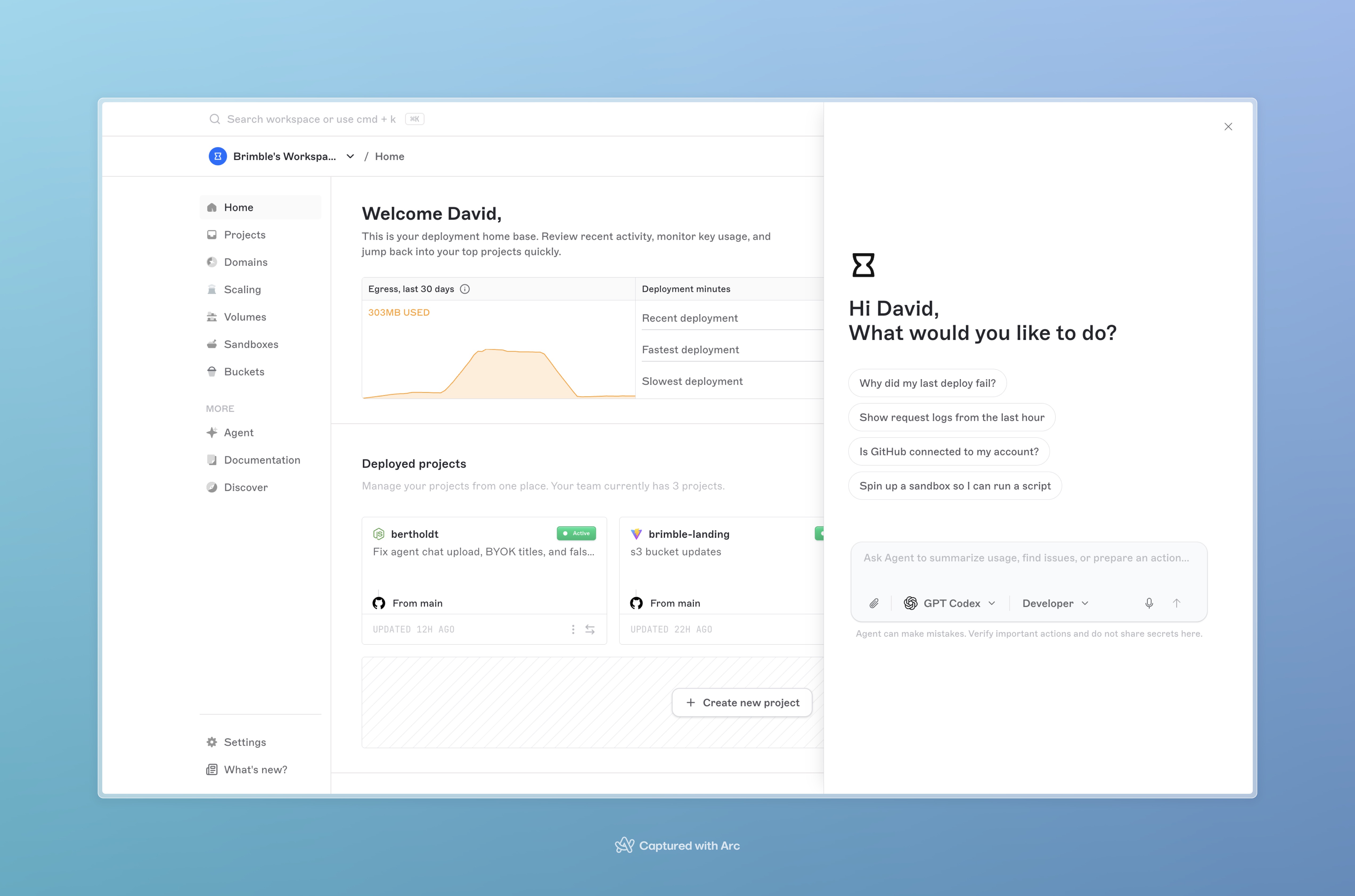 Agent slide-over panel with the same welcome prompts and composer