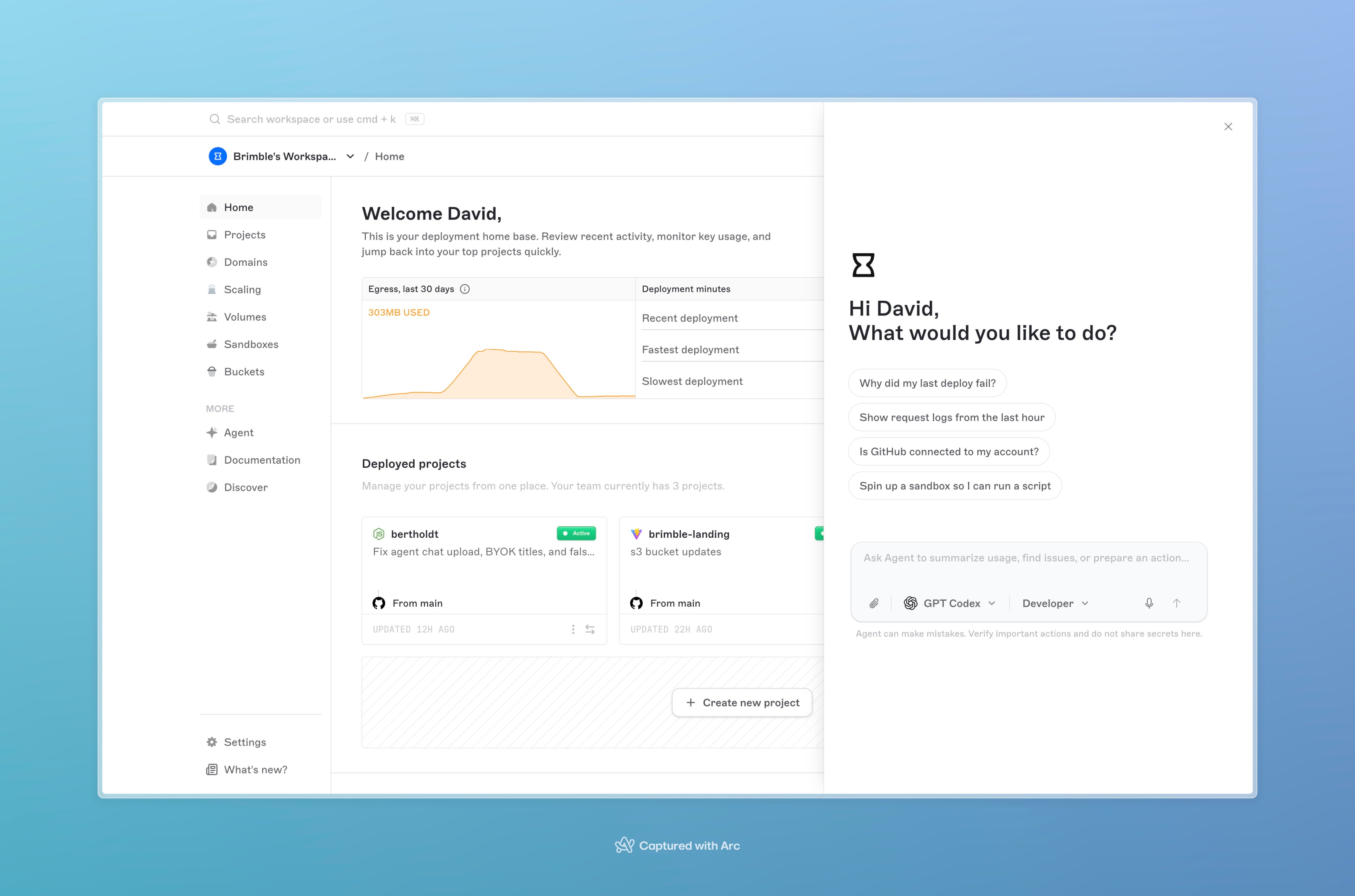 Agent slide-over panel with the same welcome prompts and composer
