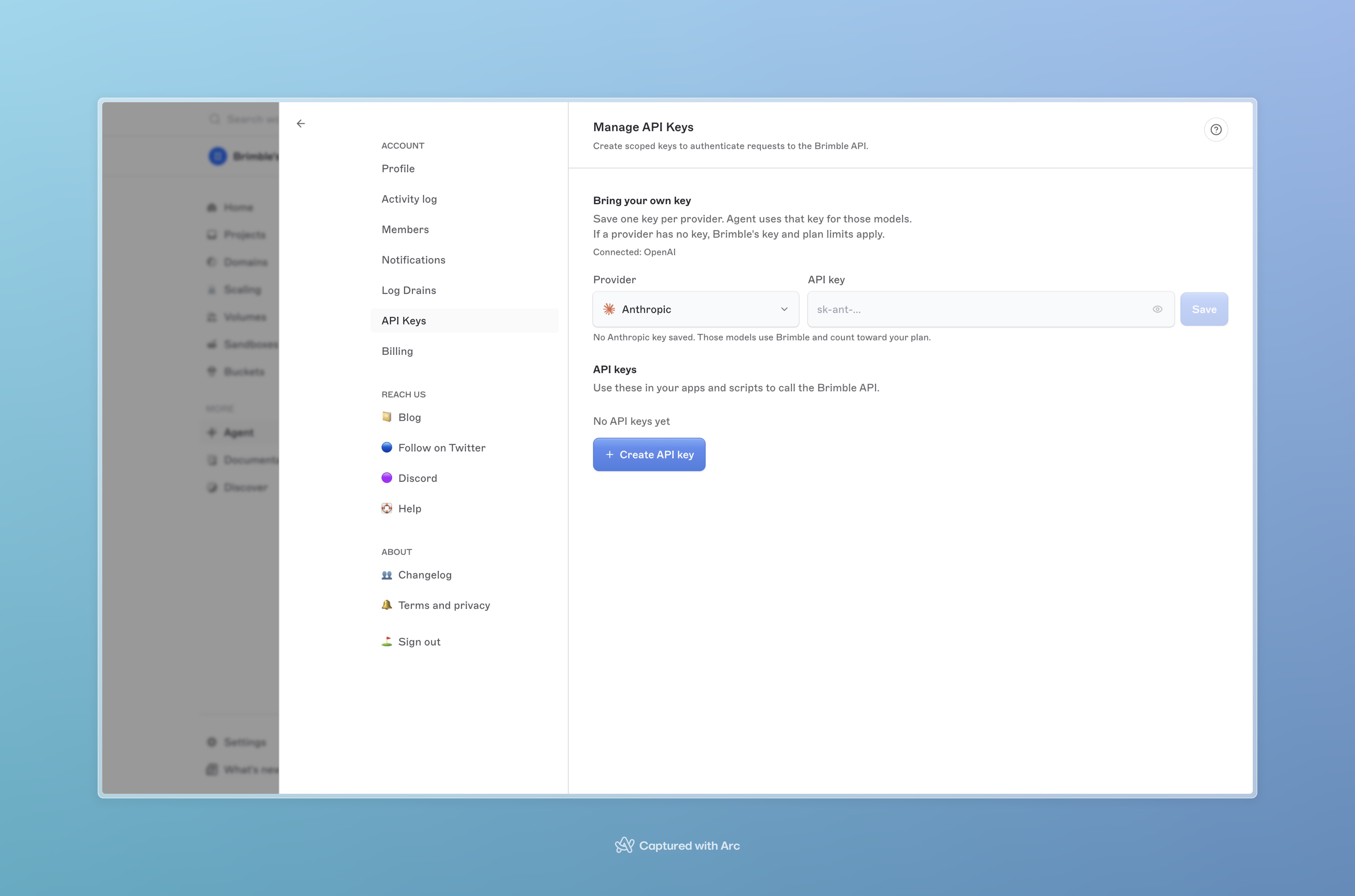 Bring your own key section with provider dropdown and API key field