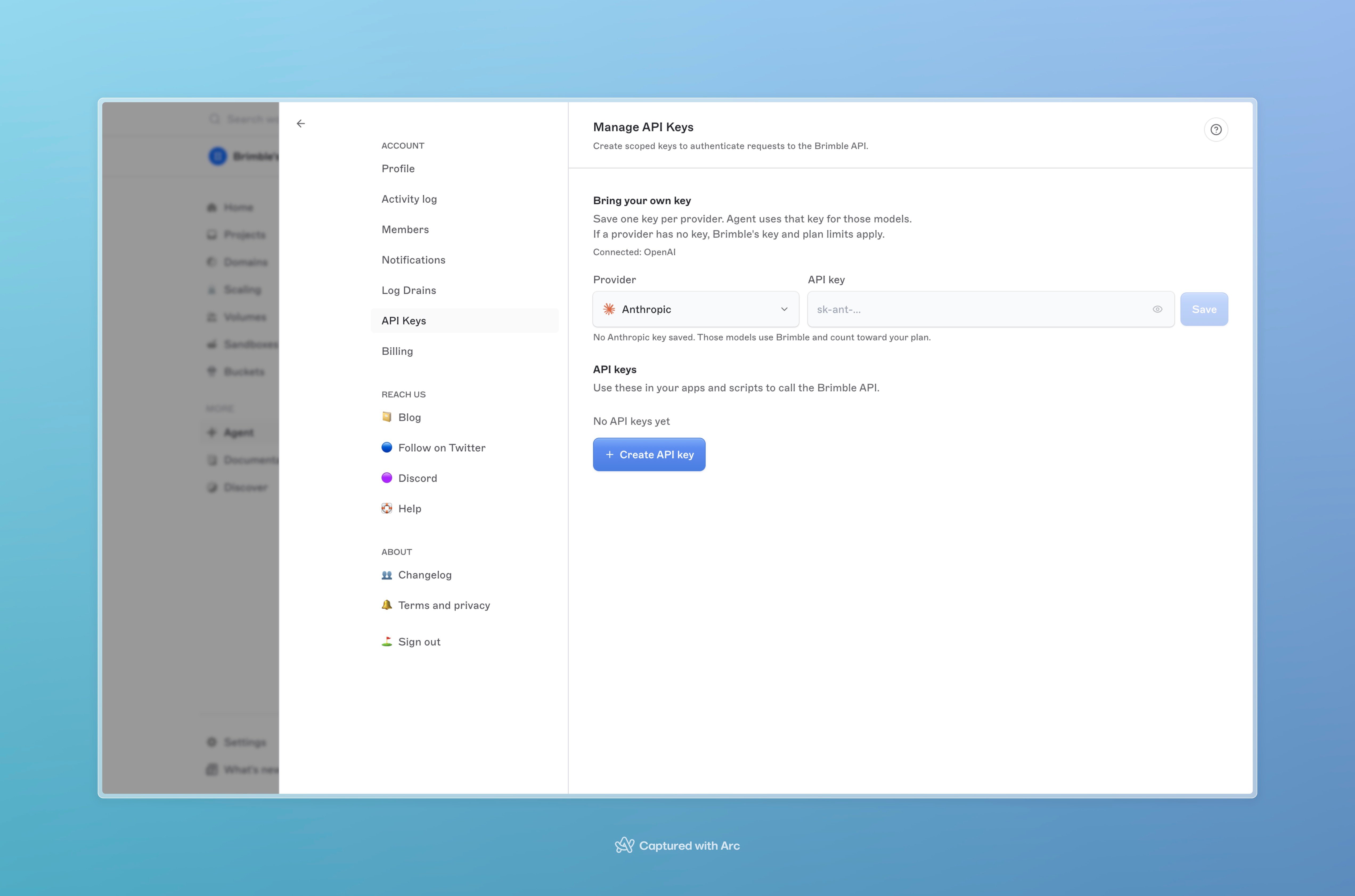 Bring your own key section with provider dropdown and API key field