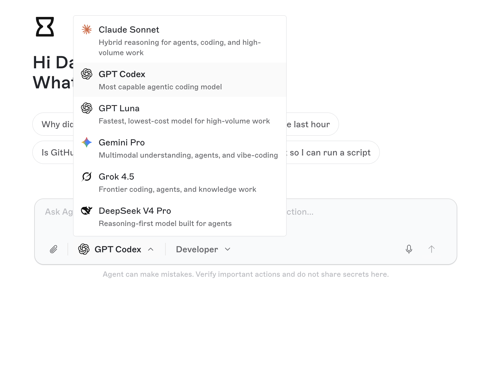 Agent composer showing the model picker, Developer tone, paperclip, and send