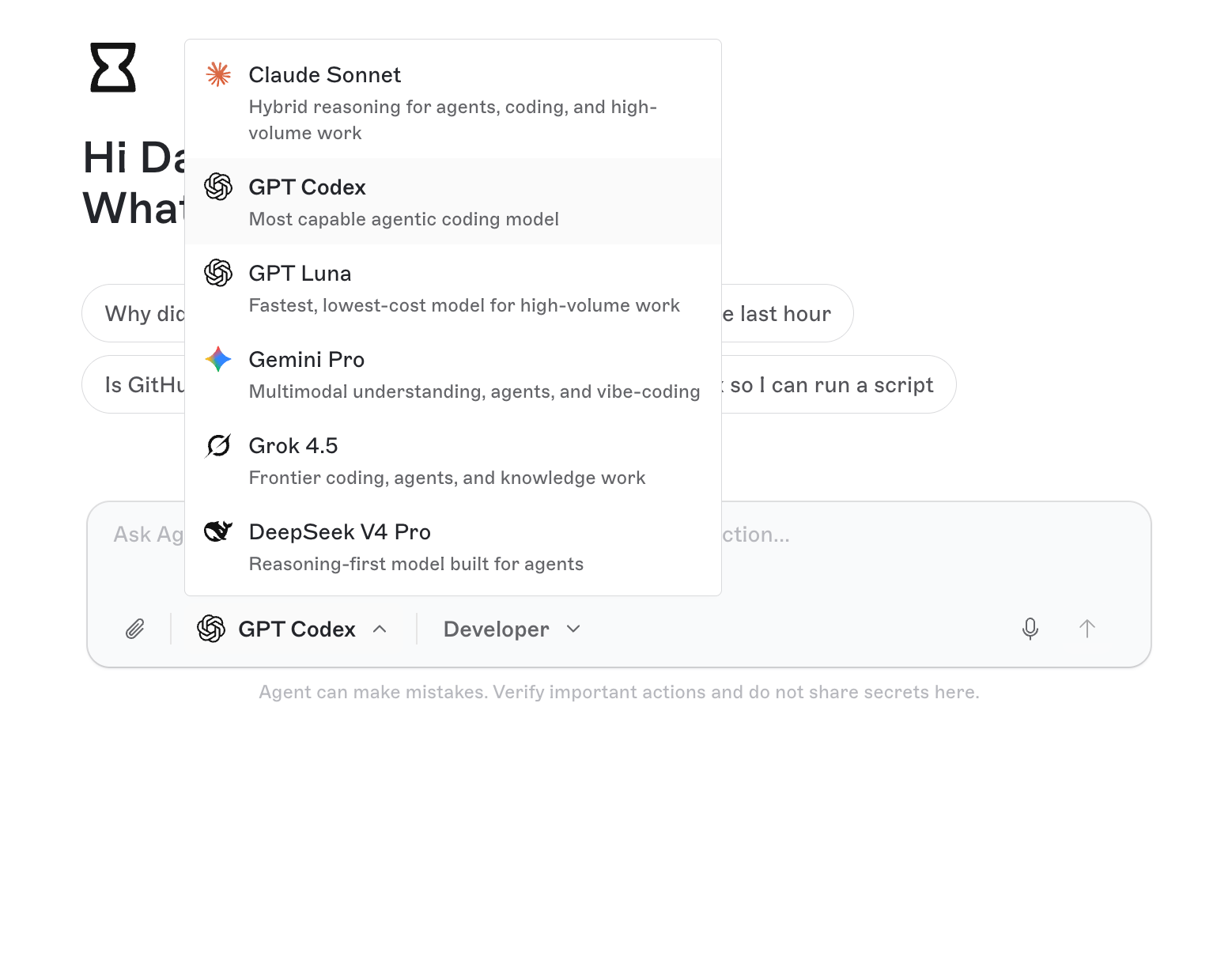 Agent composer showing the model picker, Developer tone, paperclip, and send