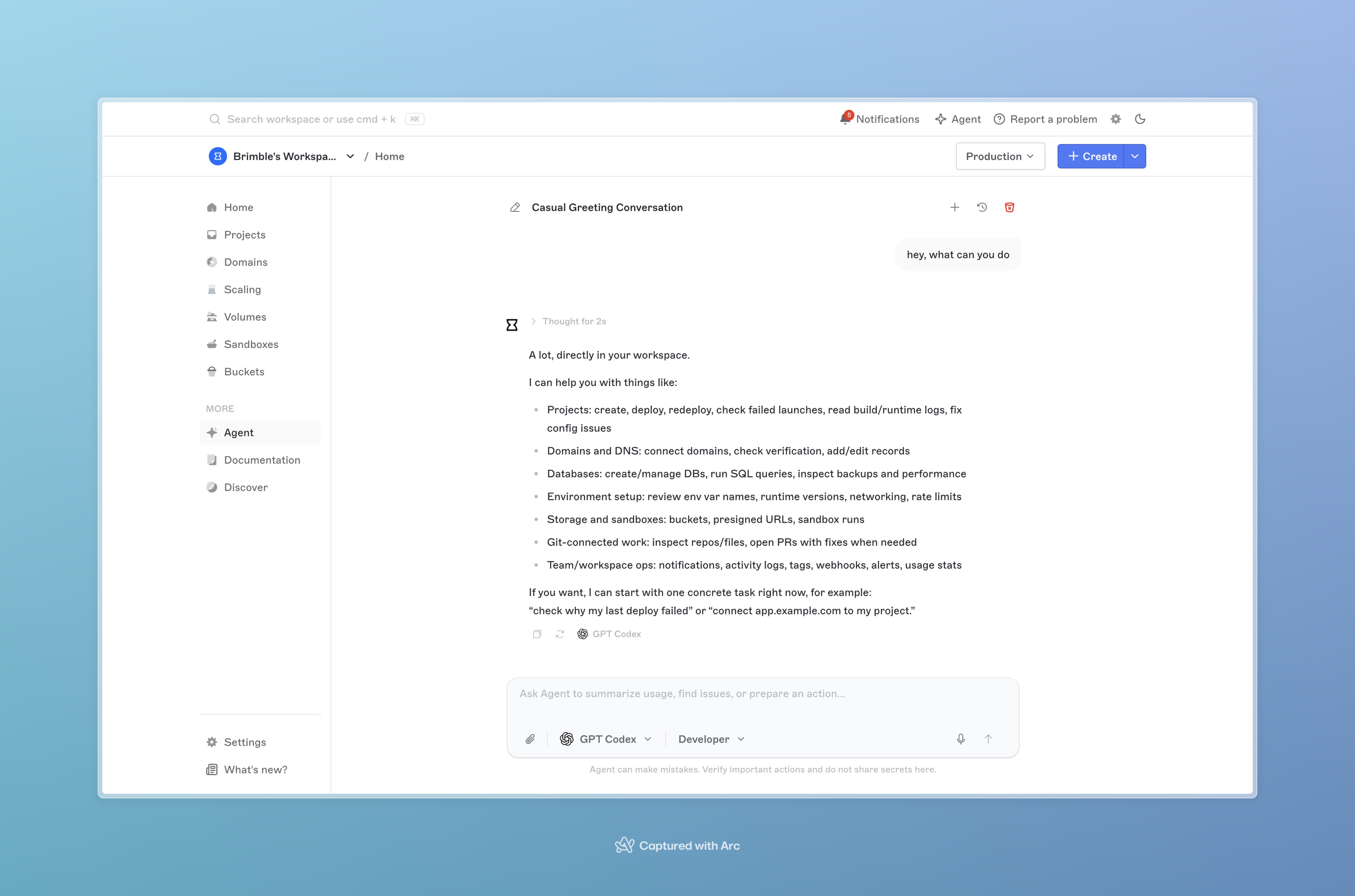 Agent thread with a user message and a GPT Codex reply listing what it can do