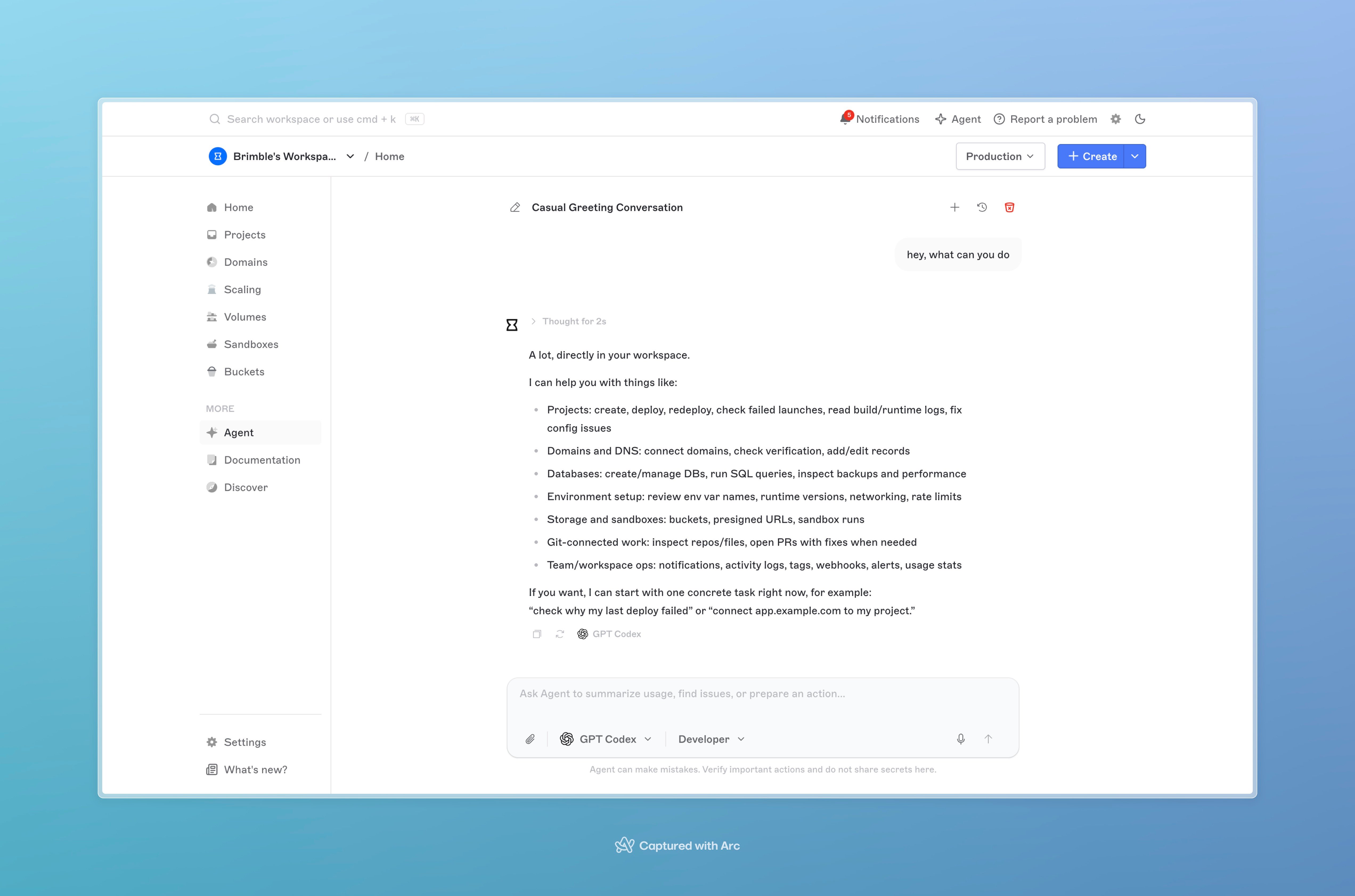 Agent thread with a user message and a GPT Codex reply listing what it can do