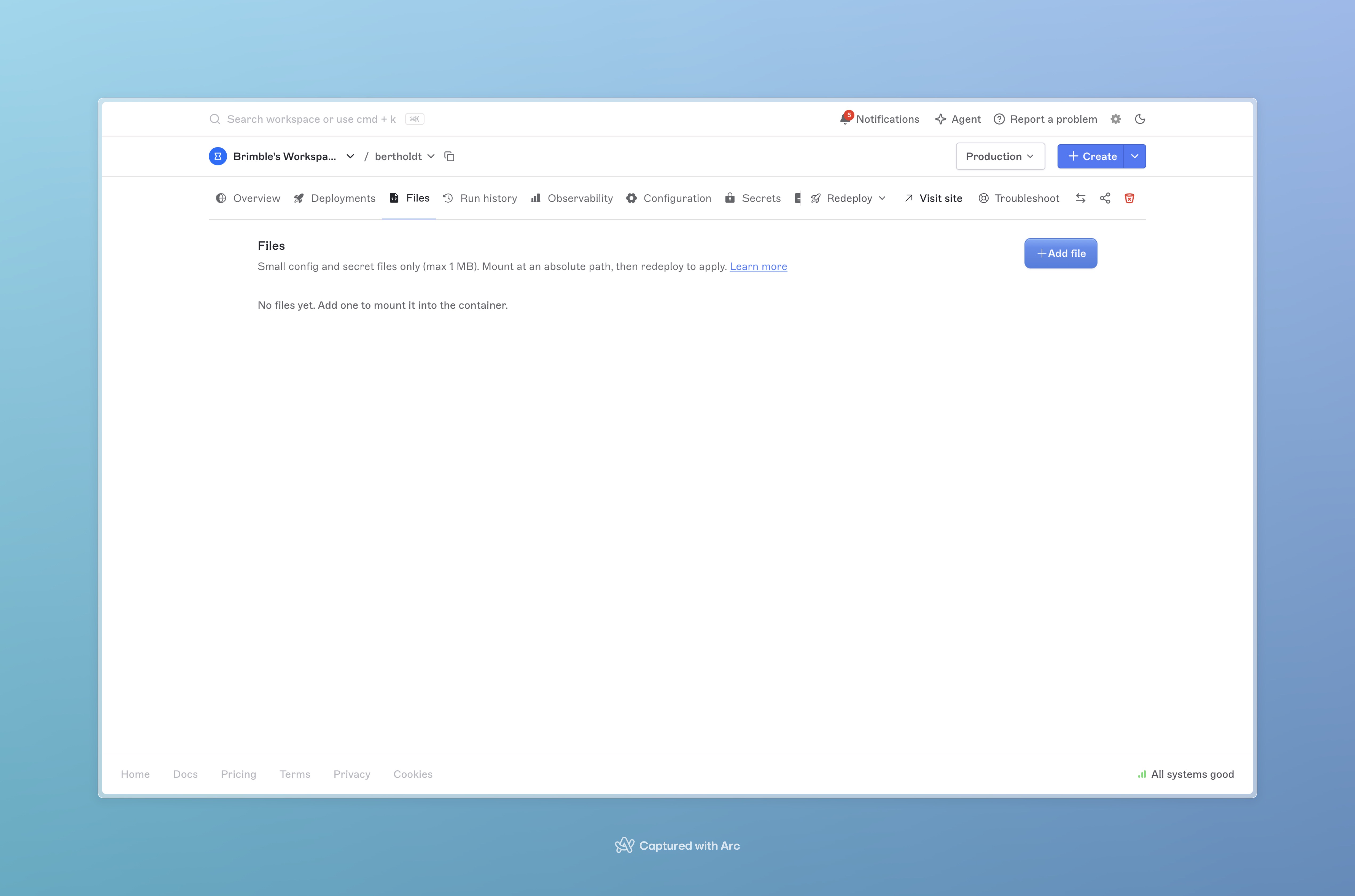 Files tab showing the 1 MB helper text, Learn more link, Add file button, and empty state
