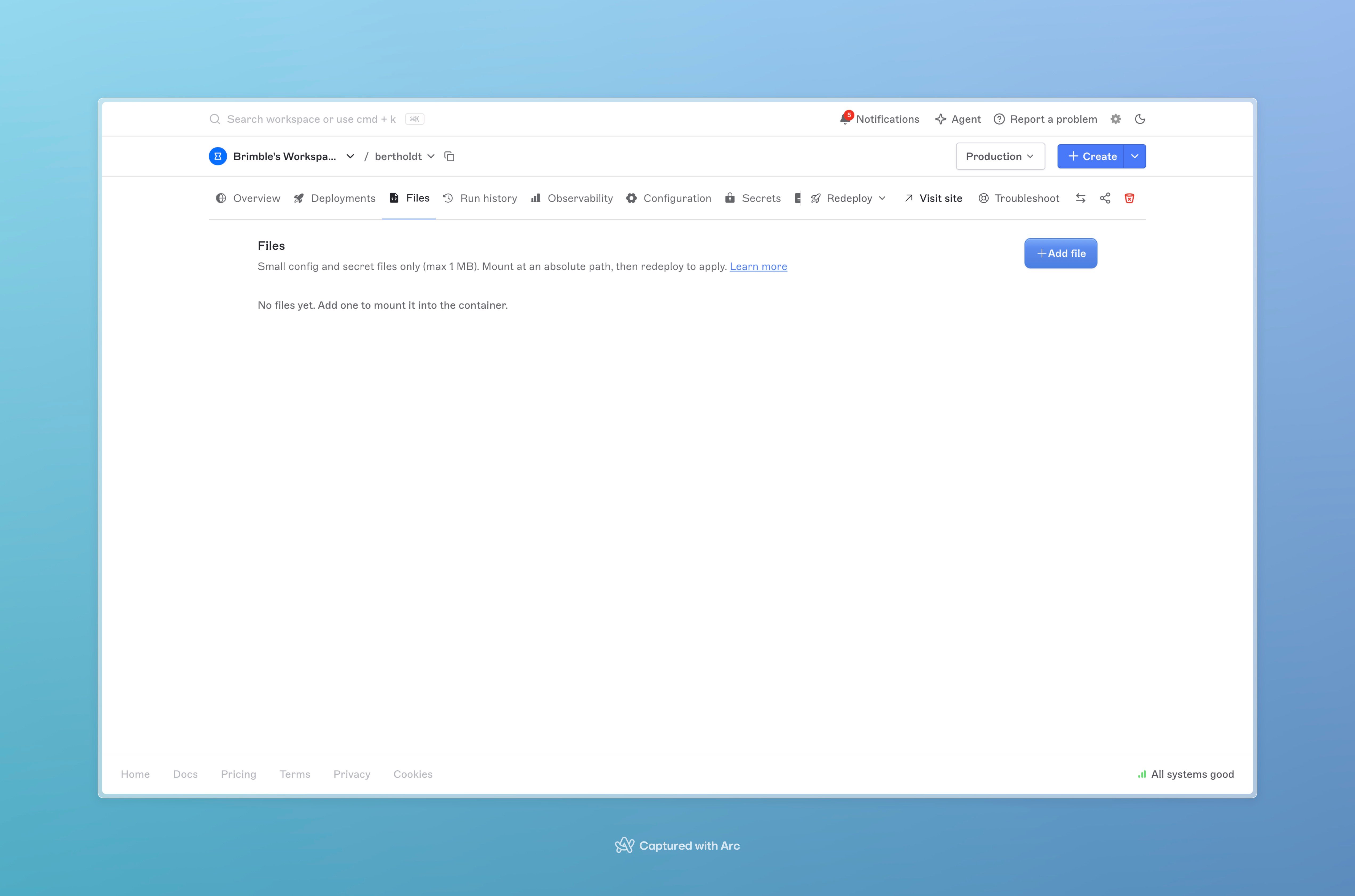 Files tab showing the 1 MB helper text, Learn more link, Add file button, and empty state