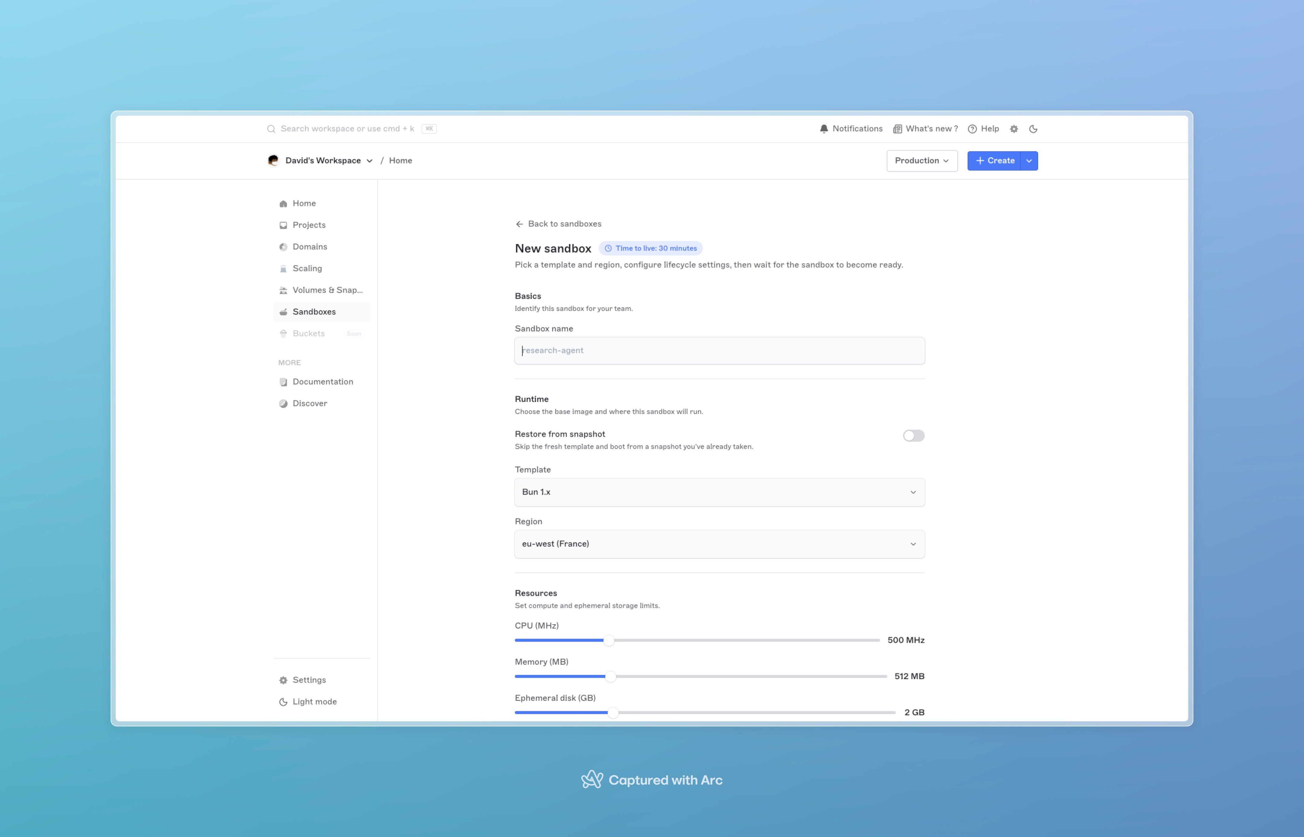 New sandbox form with template picker, region selector, and CPU, memory, and disk specs sliders