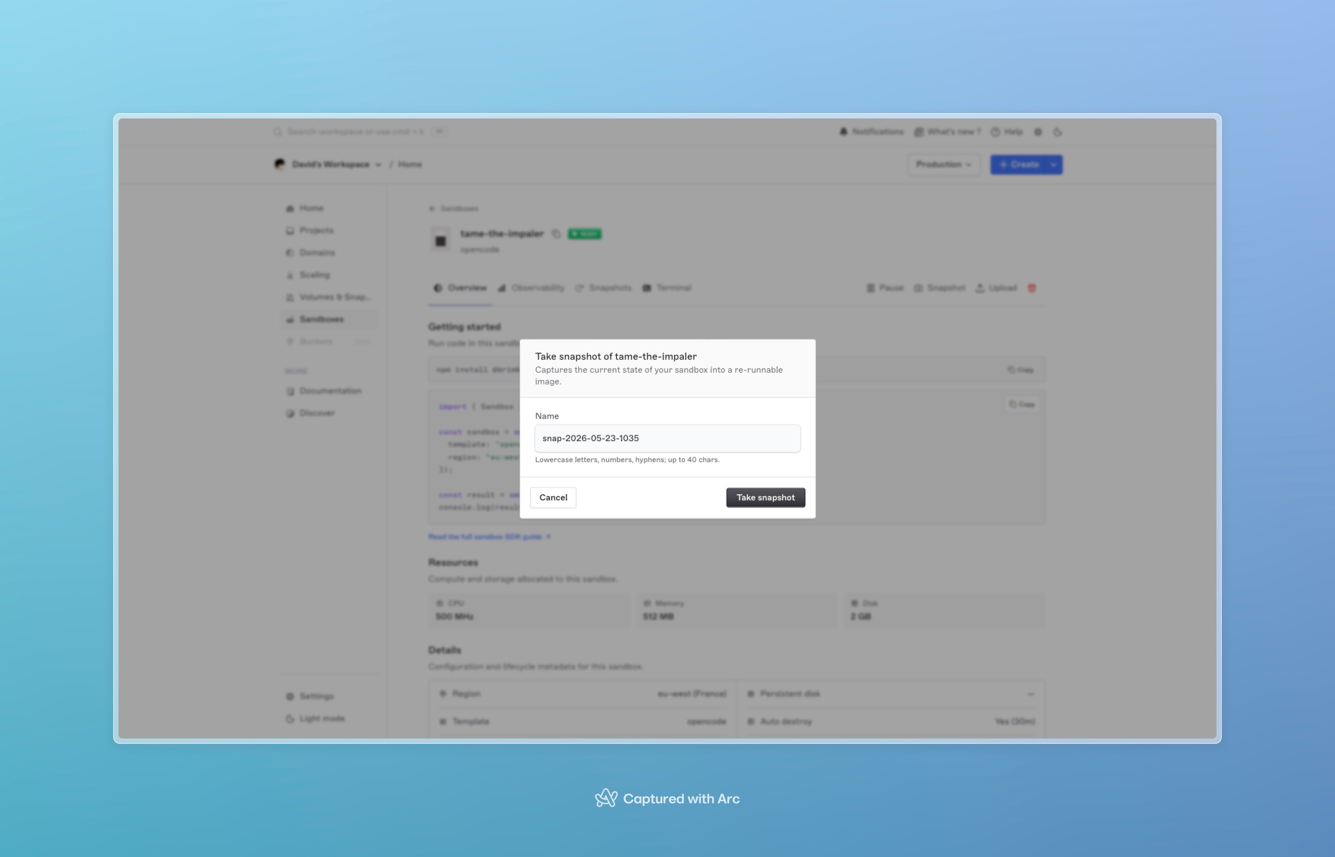 Sandbox detail page with the Take snapshot modal open, showing the name input and the Create button