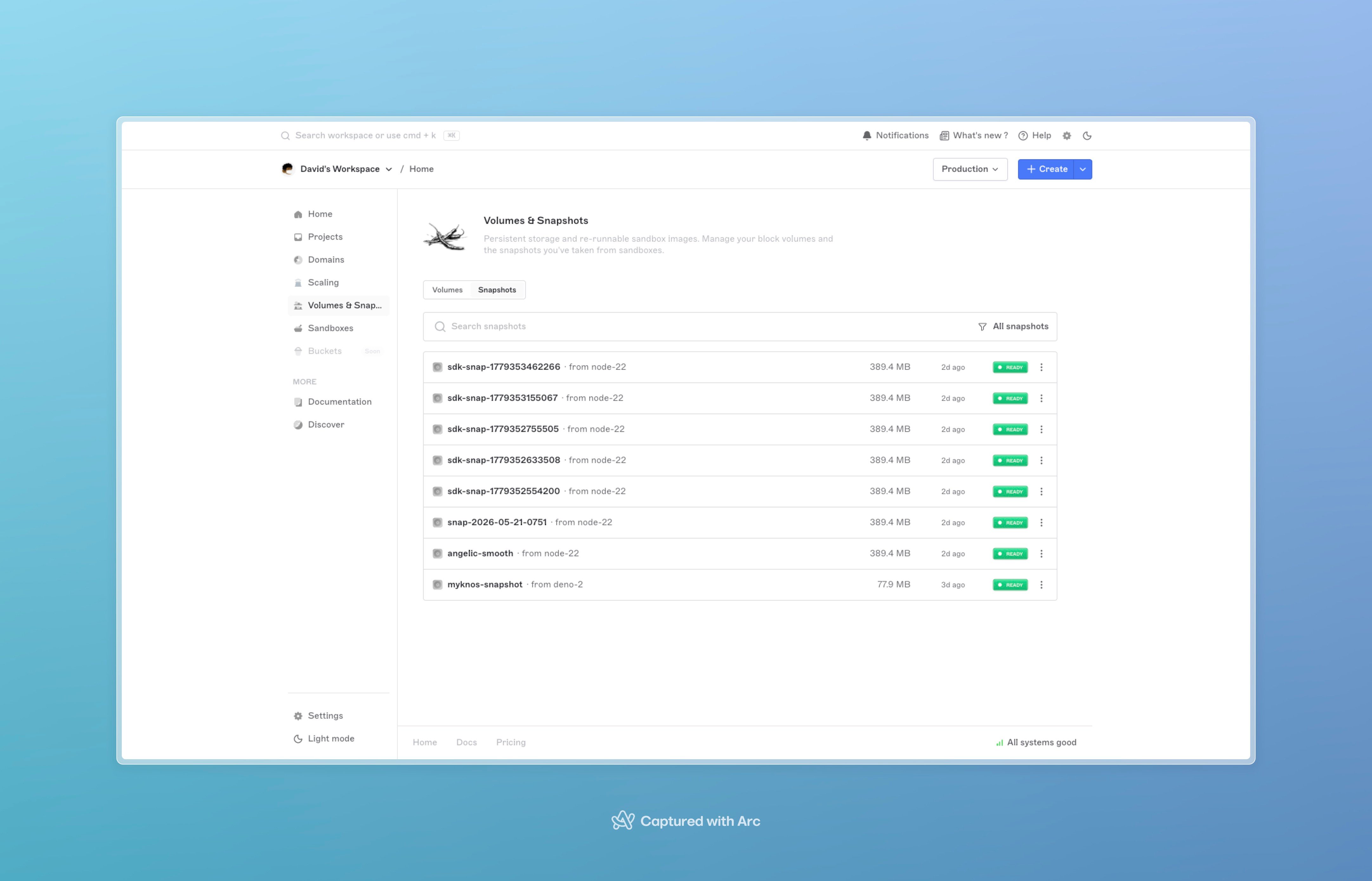 Snapshots tab in the dashboard with name, source sandbox, status, created date, and a Restore button on each row