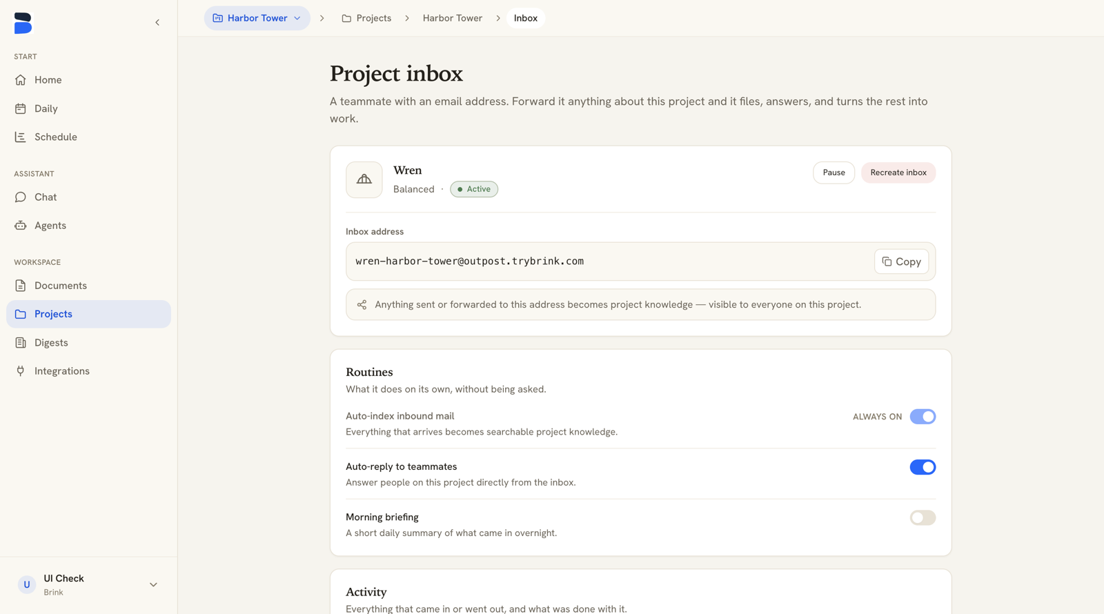 Project inbox page showing the AI employee card with inbox address and the Routines panel