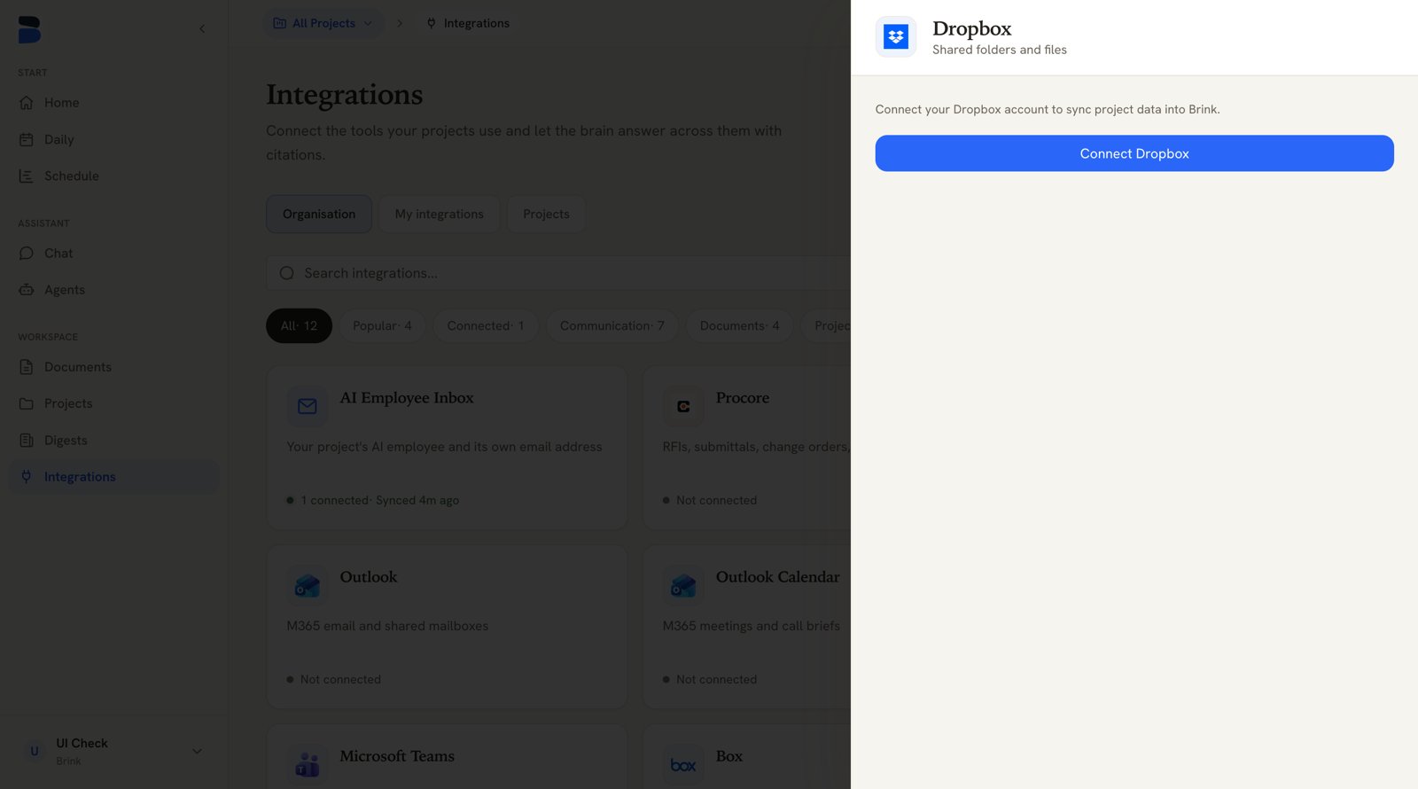 Integrations page with the Dropbox drawer open