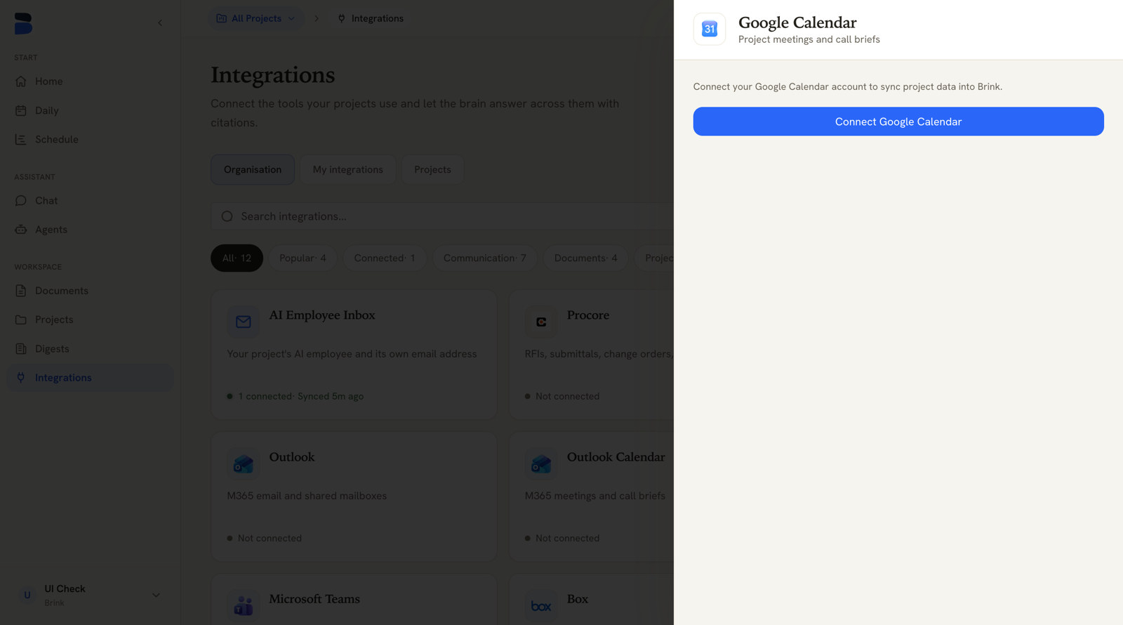 Integrations page with the Google Calendar drawer open