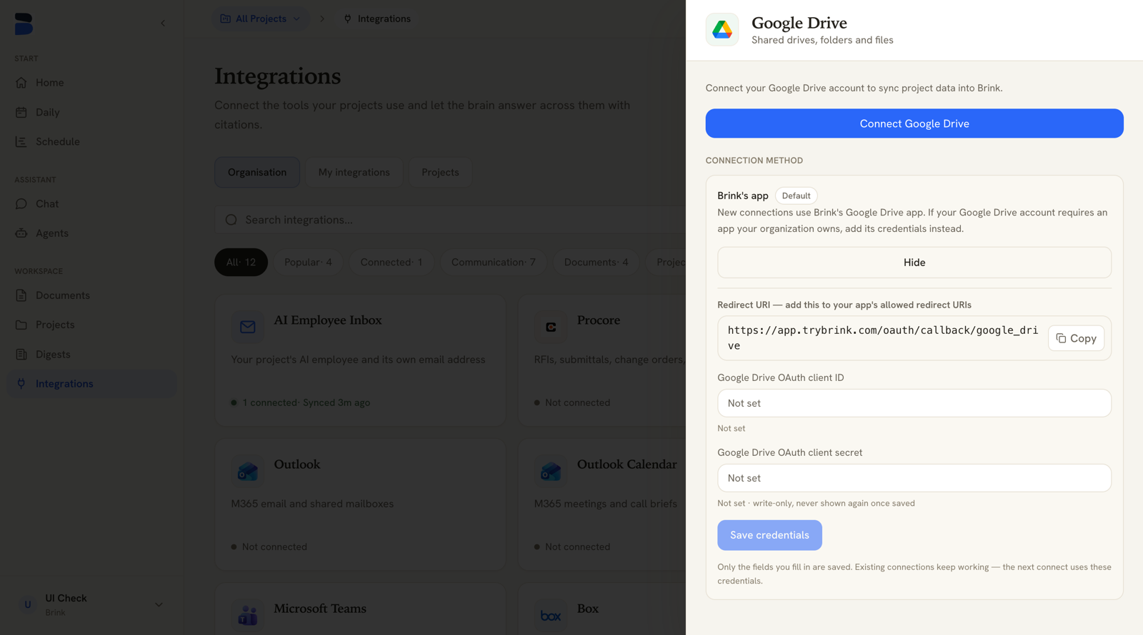 Google Drive connection method panel with redirect URI and client credential fields