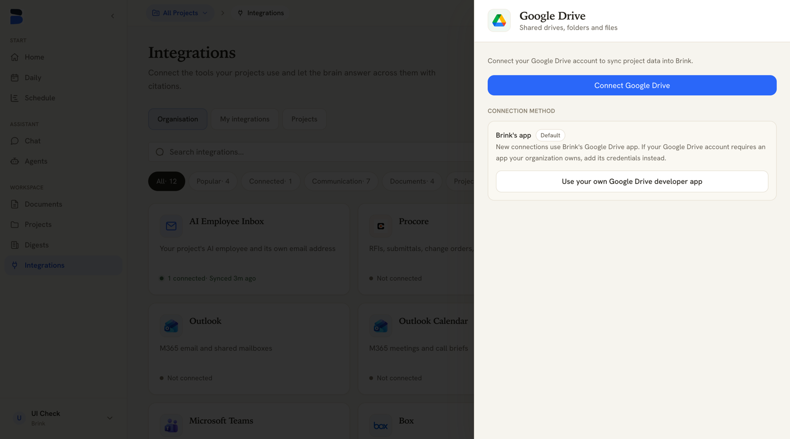 Integrations page with the Google Drive drawer open