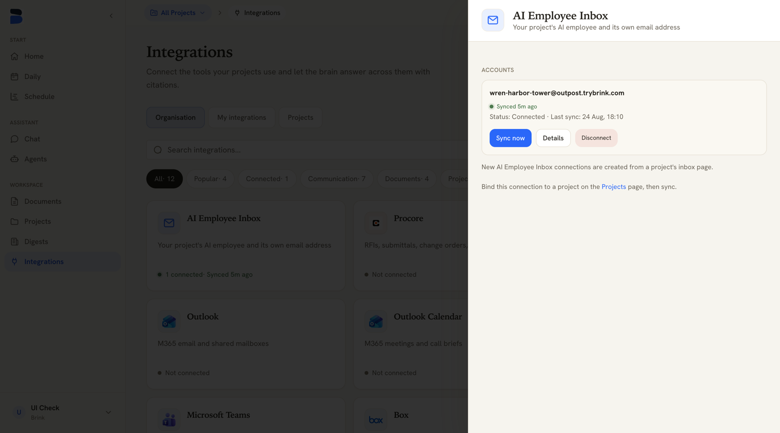Integration drawer showing a connected account with Sync now, Details and Disconnect