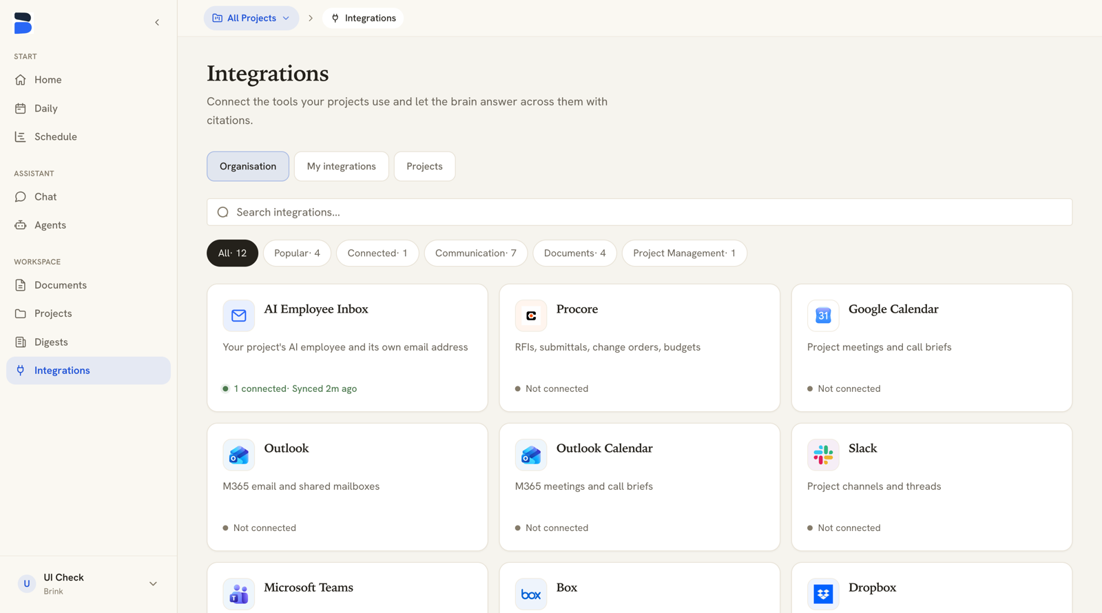 Brink Integrations page showing the integration catalog grid