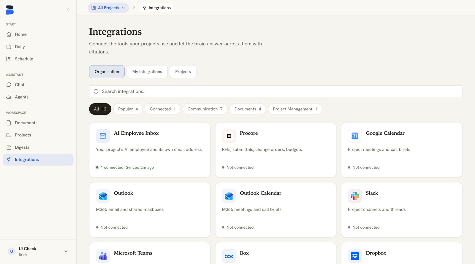 Brink Integrations page showing the integration catalog grid