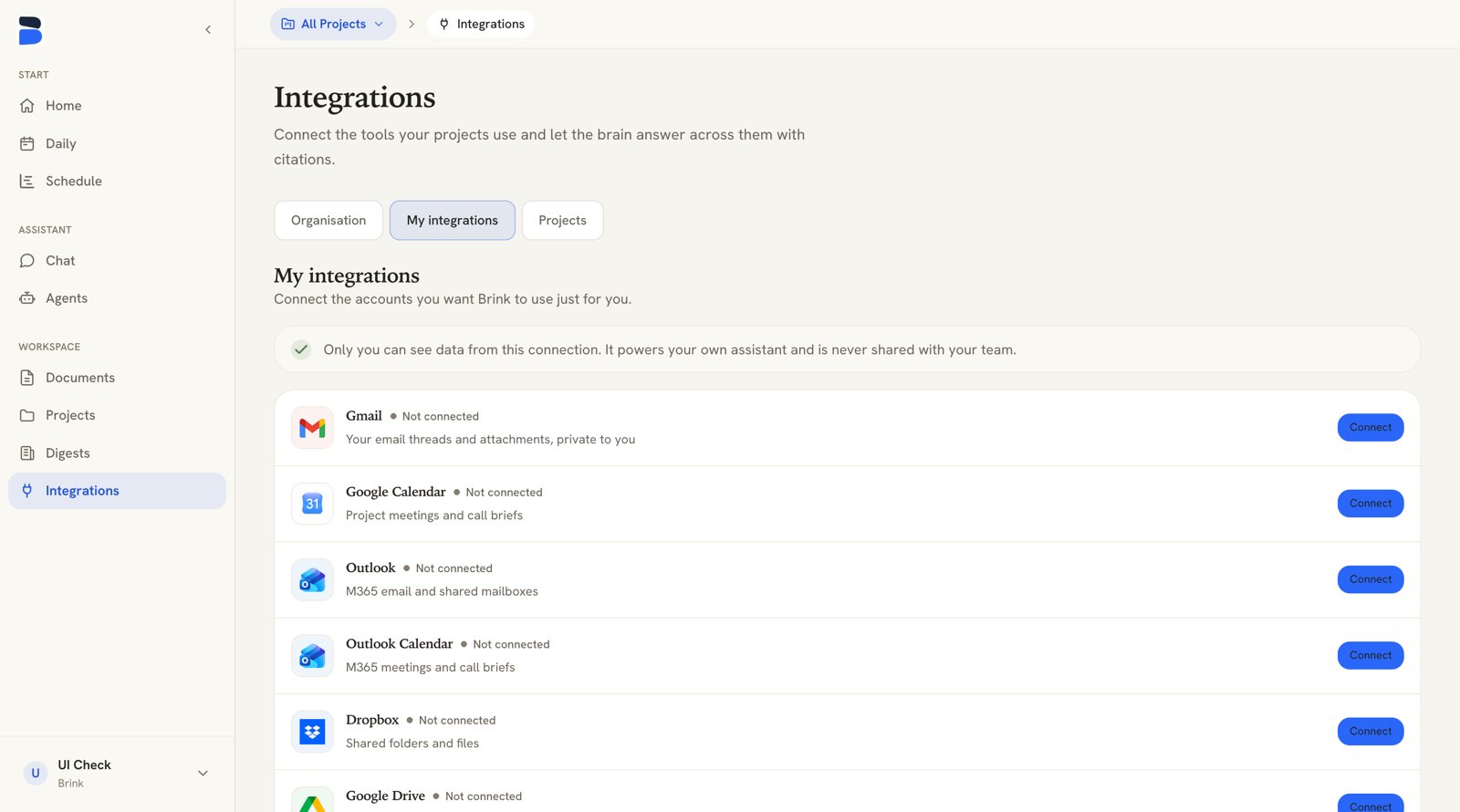 Integrations page, My integrations tab